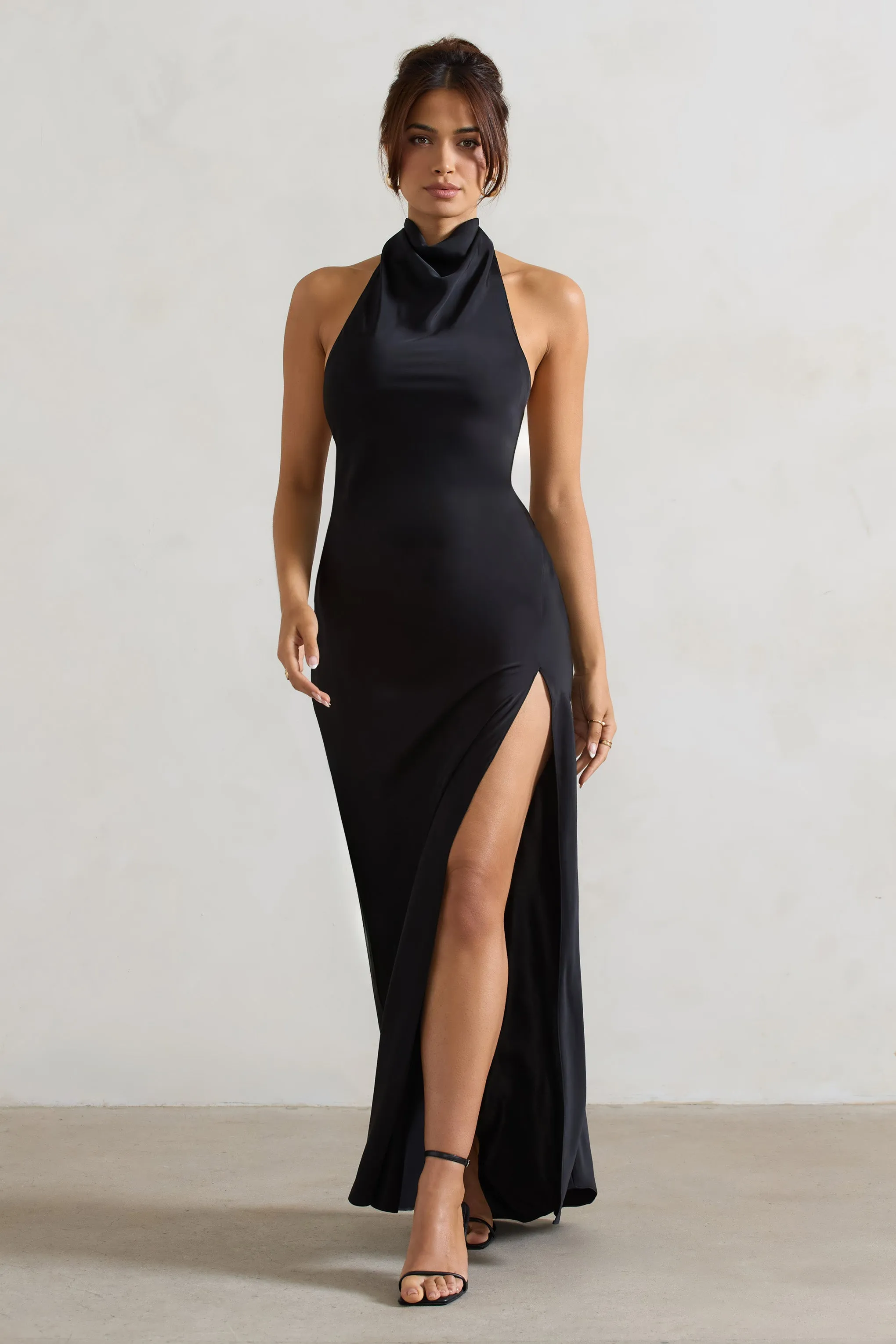 Priero | Black Cowl Halter-Neck Open Back Maxi Dress Club L London
