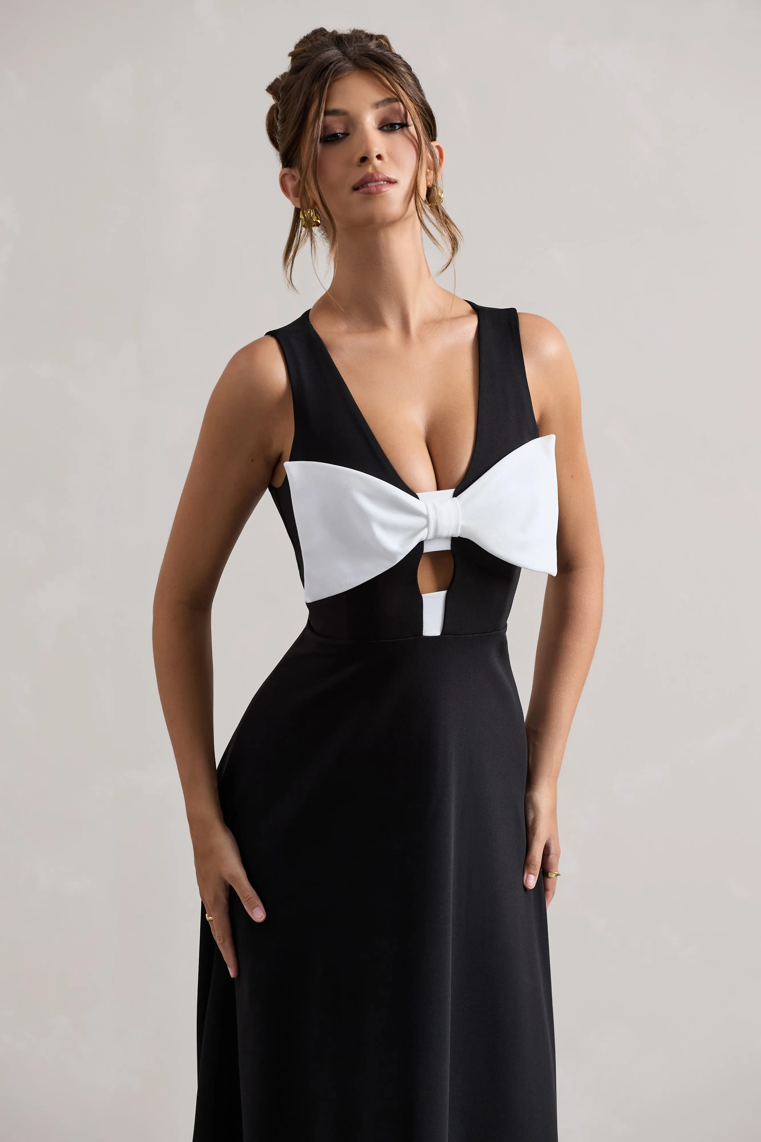 Primrose | Black Plunge-Neck Midi Dress With White Bow Club L London