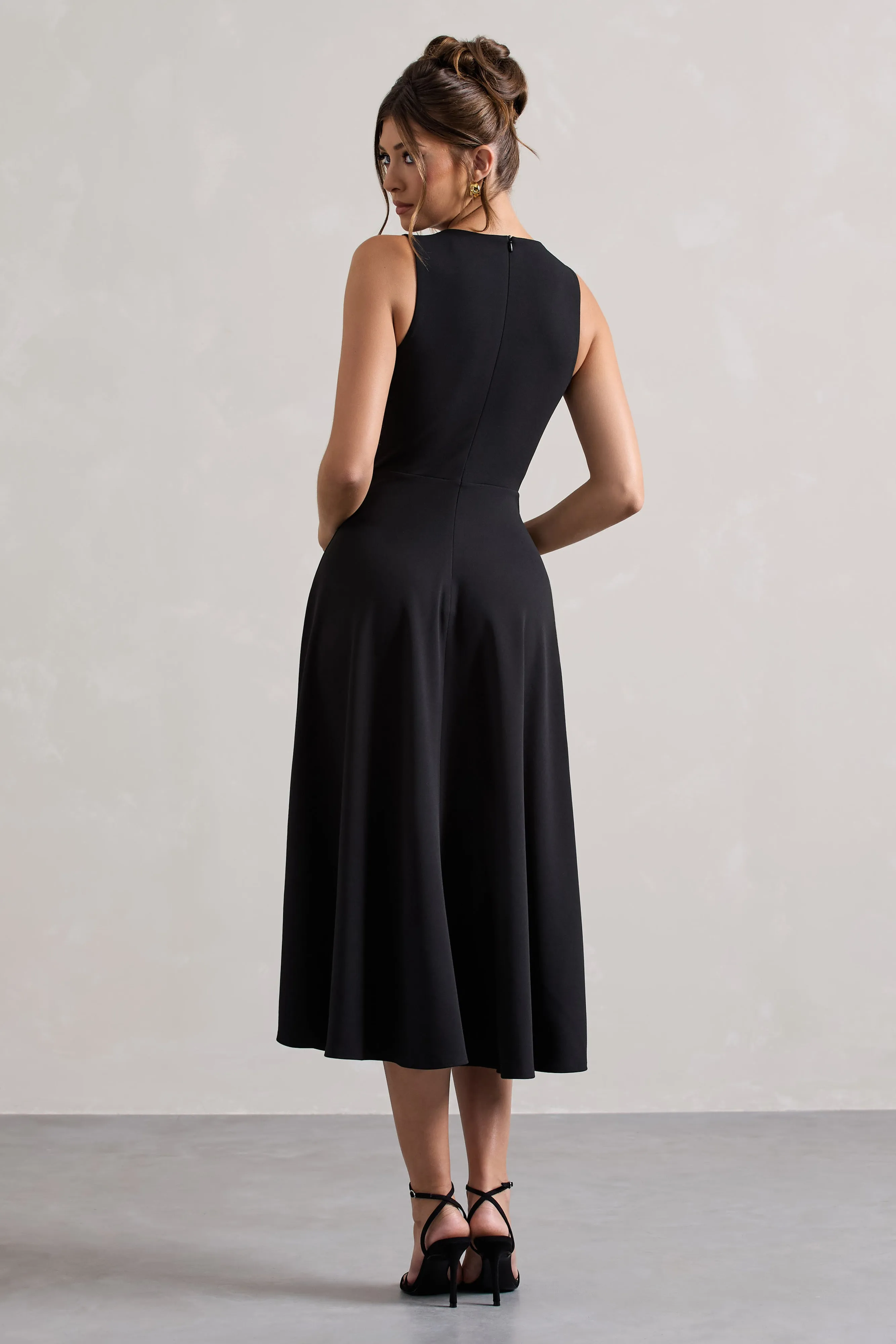 Primrose | Black Plunge-Neck Midi Dress With White Bow Club L London