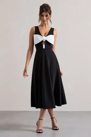 Primrose | Black Plunge-Neck Midi Dress With White Bow Club L London