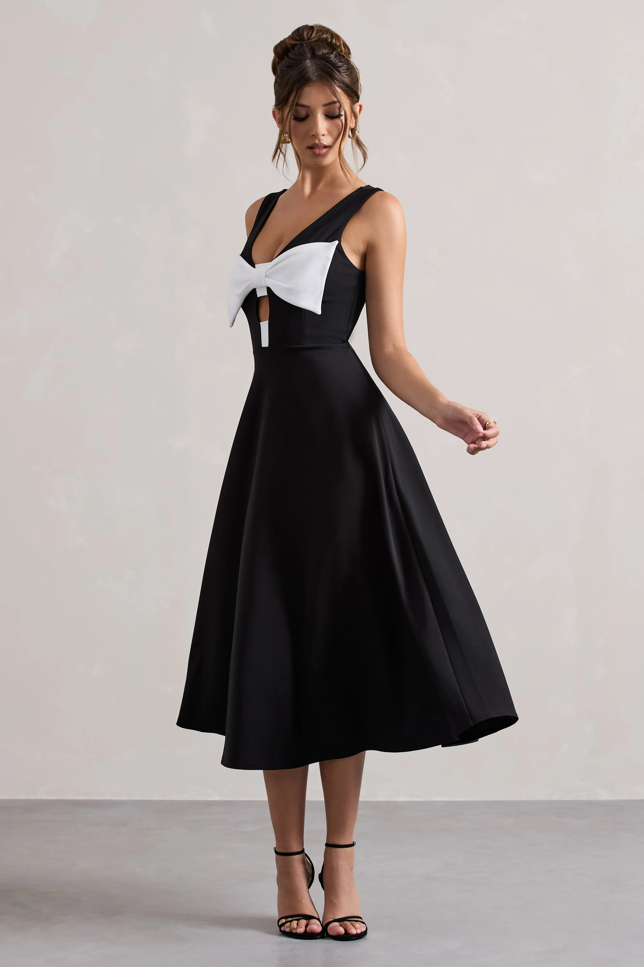 Primrose | Black Plunge-Neck Midi Dress With White Bow Club L London