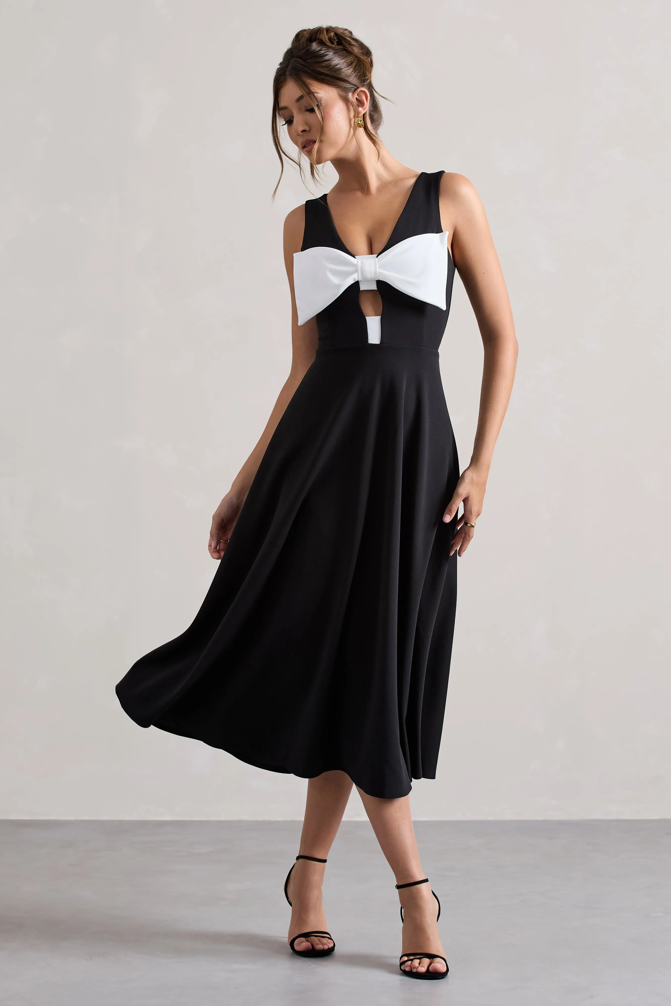 Primrose | Black Plunge-Neck Midi Dress With White Bow Club L London