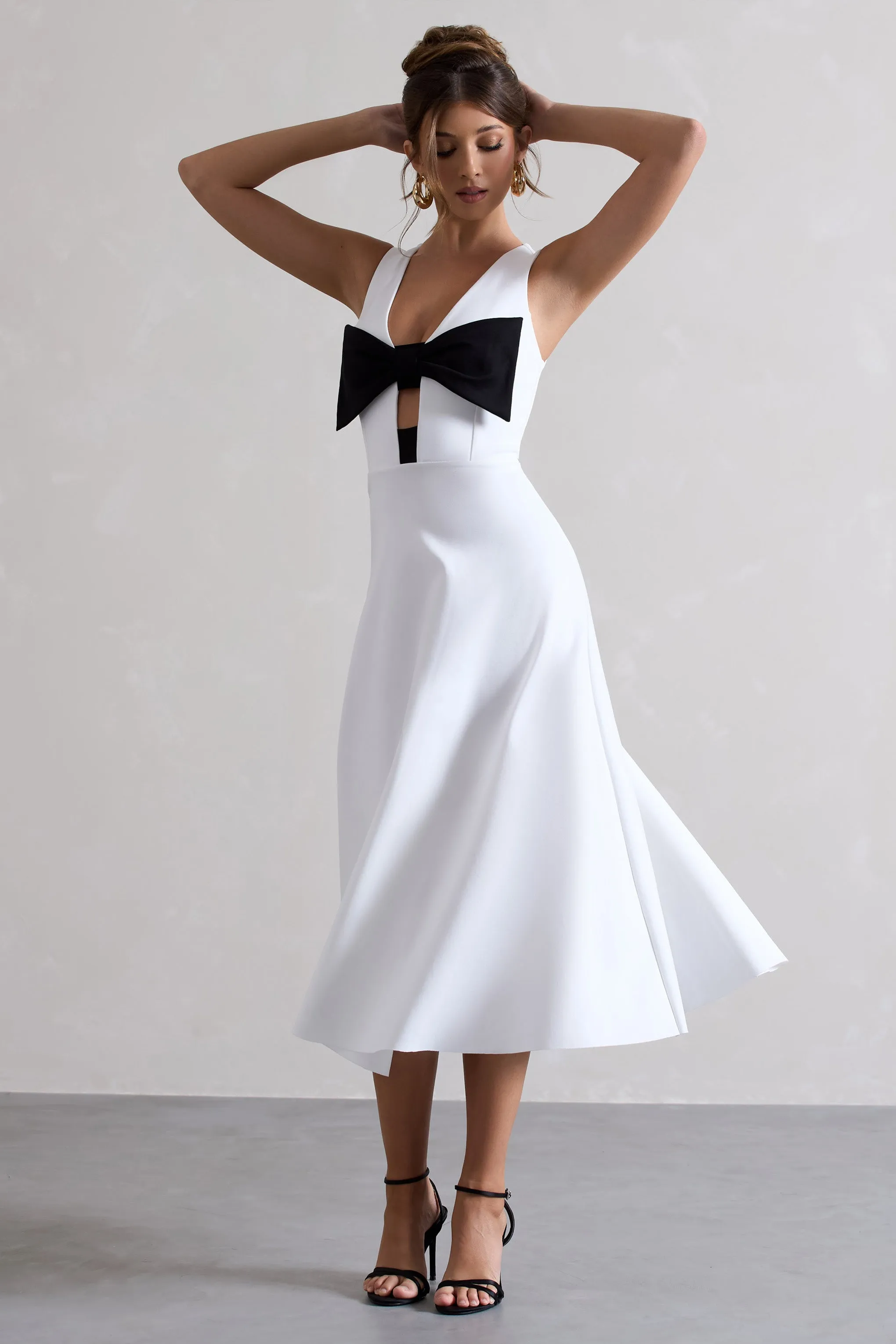 Primrose | White Plunge-Neck Midi Dress With Black Bow Club L London