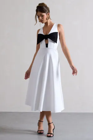 Primrose | White Plunge-Neck Midi Dress With Black Bow Club L London