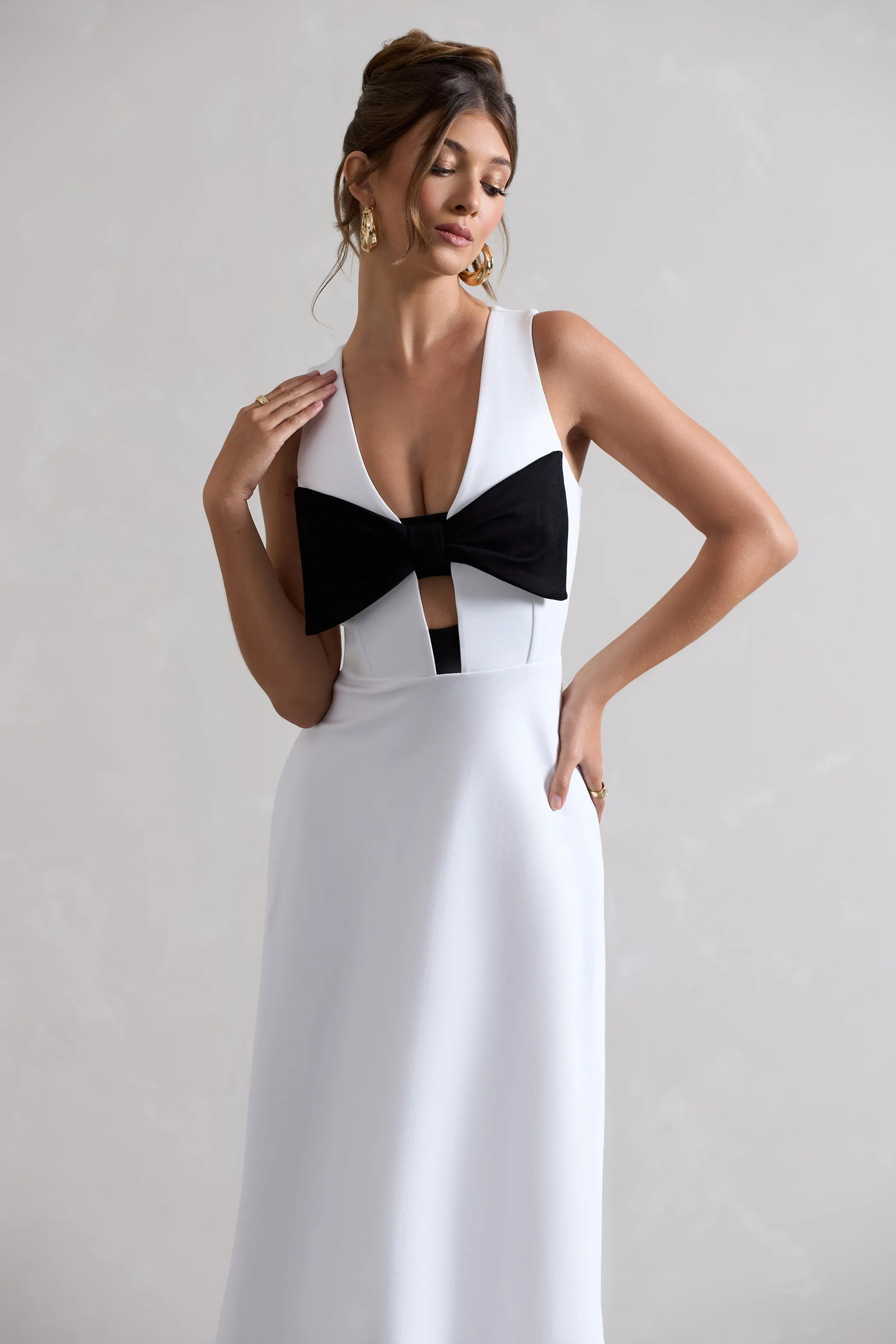 Primrose | White Plunge-Neck Midi Dress With Black Bow Club L London