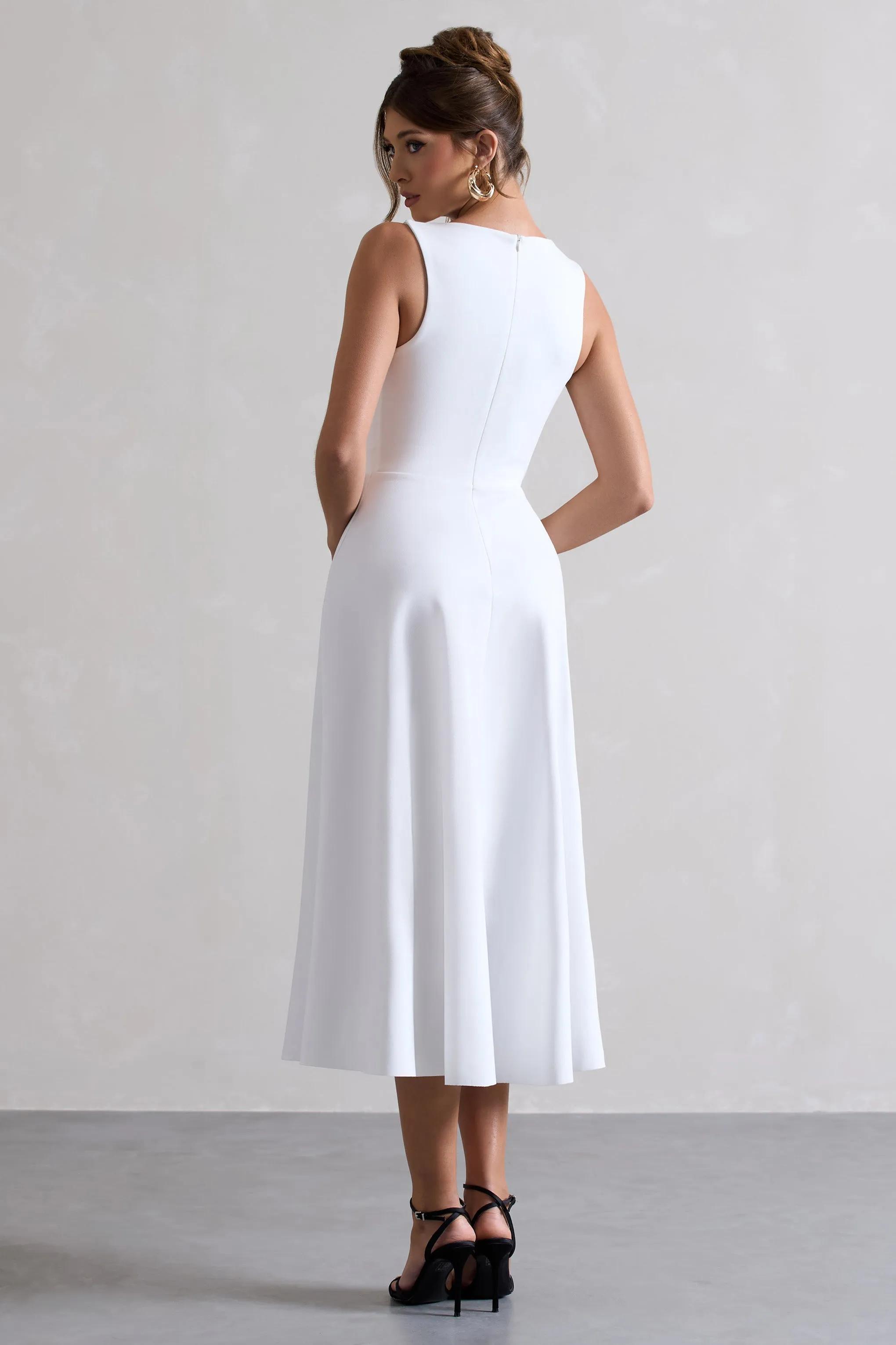 Primrose | White Plunge-Neck Midi Dress With Black Bow Club L London