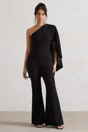 Pristine | Black One Shoulder Cape Sleeve Flared-Leg Jumpsuit Club L London