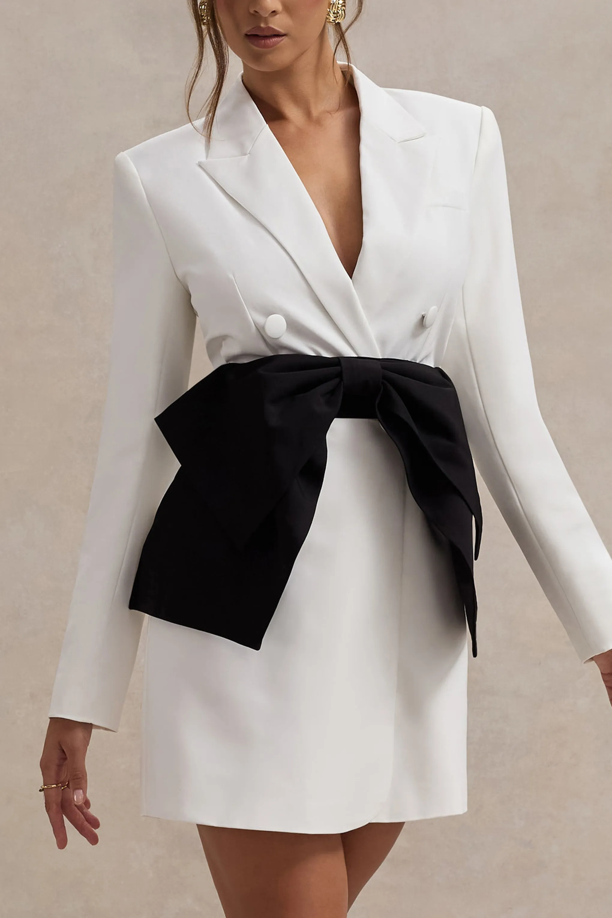 Prized | White Tailored Blazer Dress With Black Bow Club L London