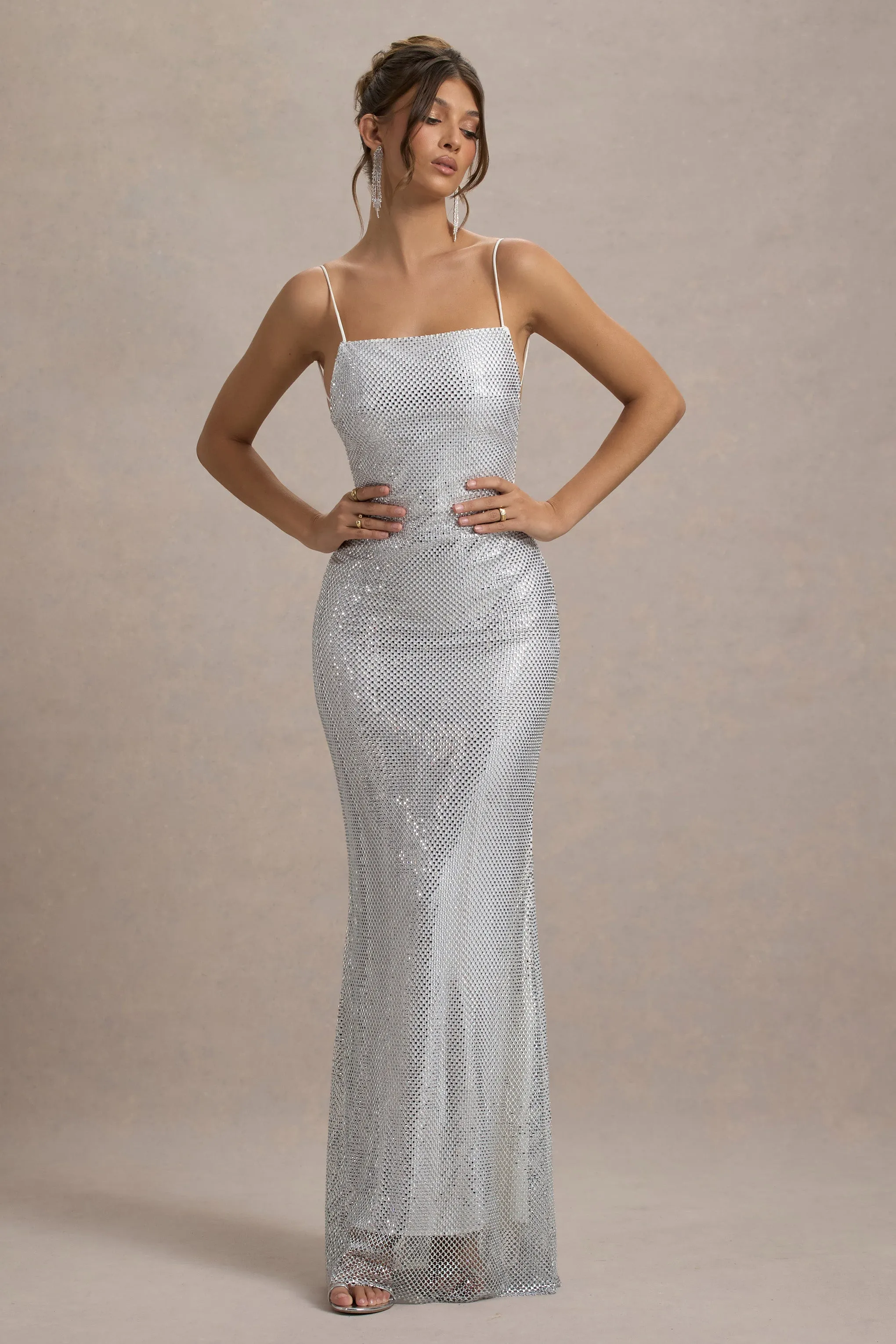 Quartz | Silver Embellished Square-Neck Open-Back Maxi Dress Club L London