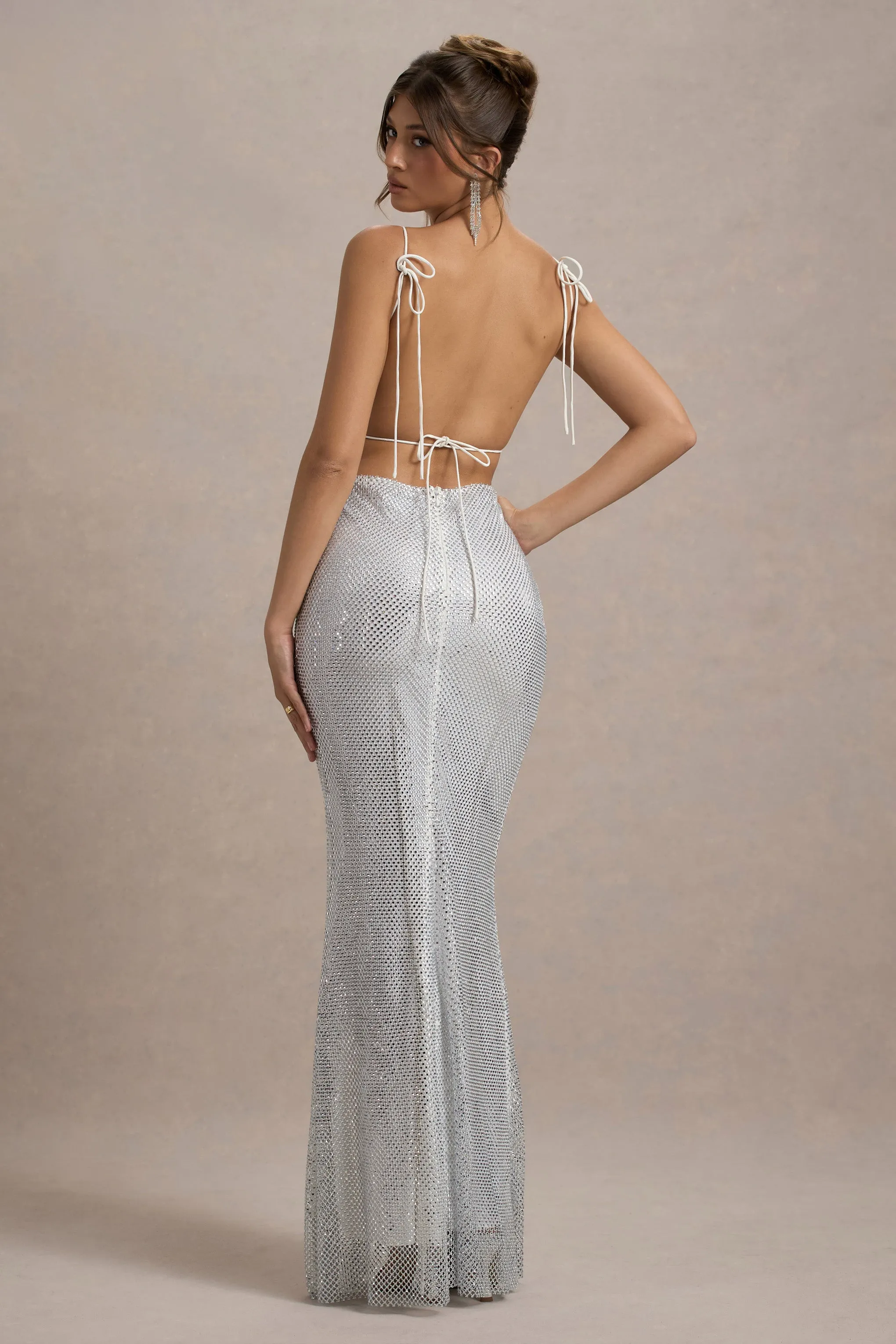 Quartz | Silver Embellished Square-Neck Open-Back Maxi Dress Club L London