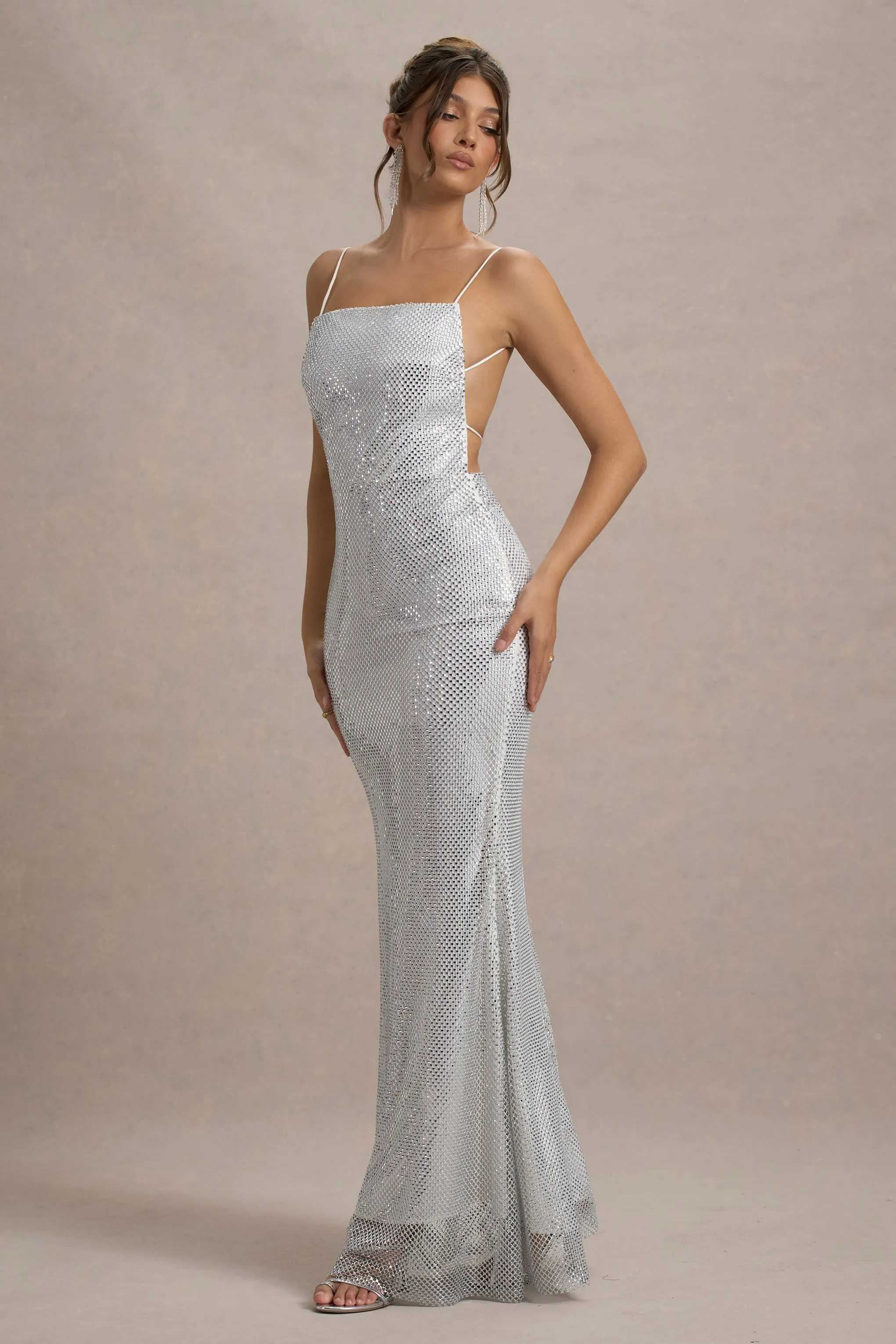 Quartz | Silver Embellished Square-Neck Open-Back Maxi Dress Club L London
