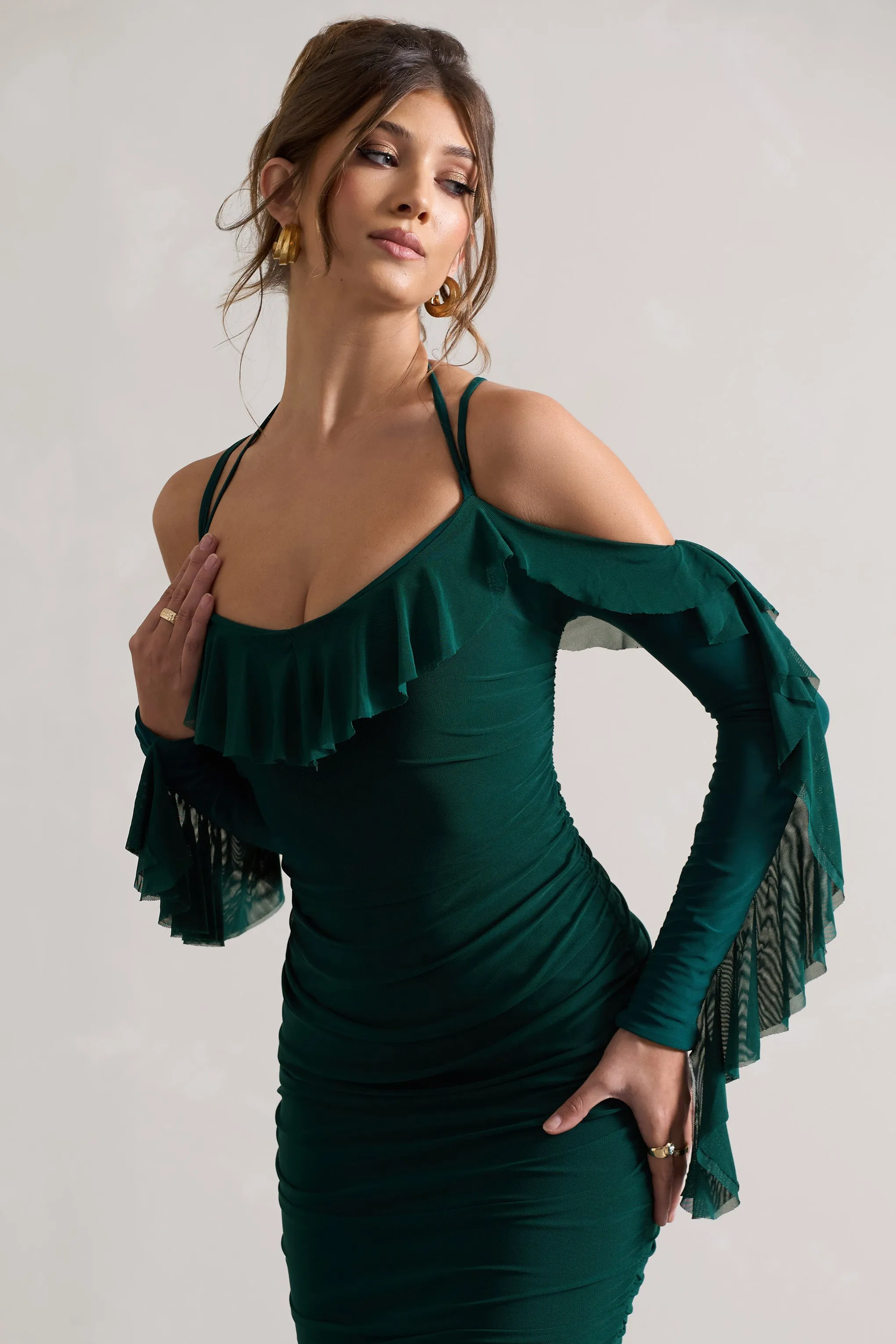 Quinn | Bottle Green Ruched Strappy Long-Sleeved Midi Dress With Ruffles Club L London
