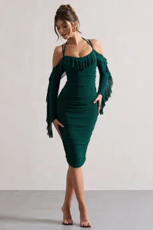 Quinn | Bottle Green Ruched Strappy Long-Sleeved Midi Dress With Ruffles Club L London