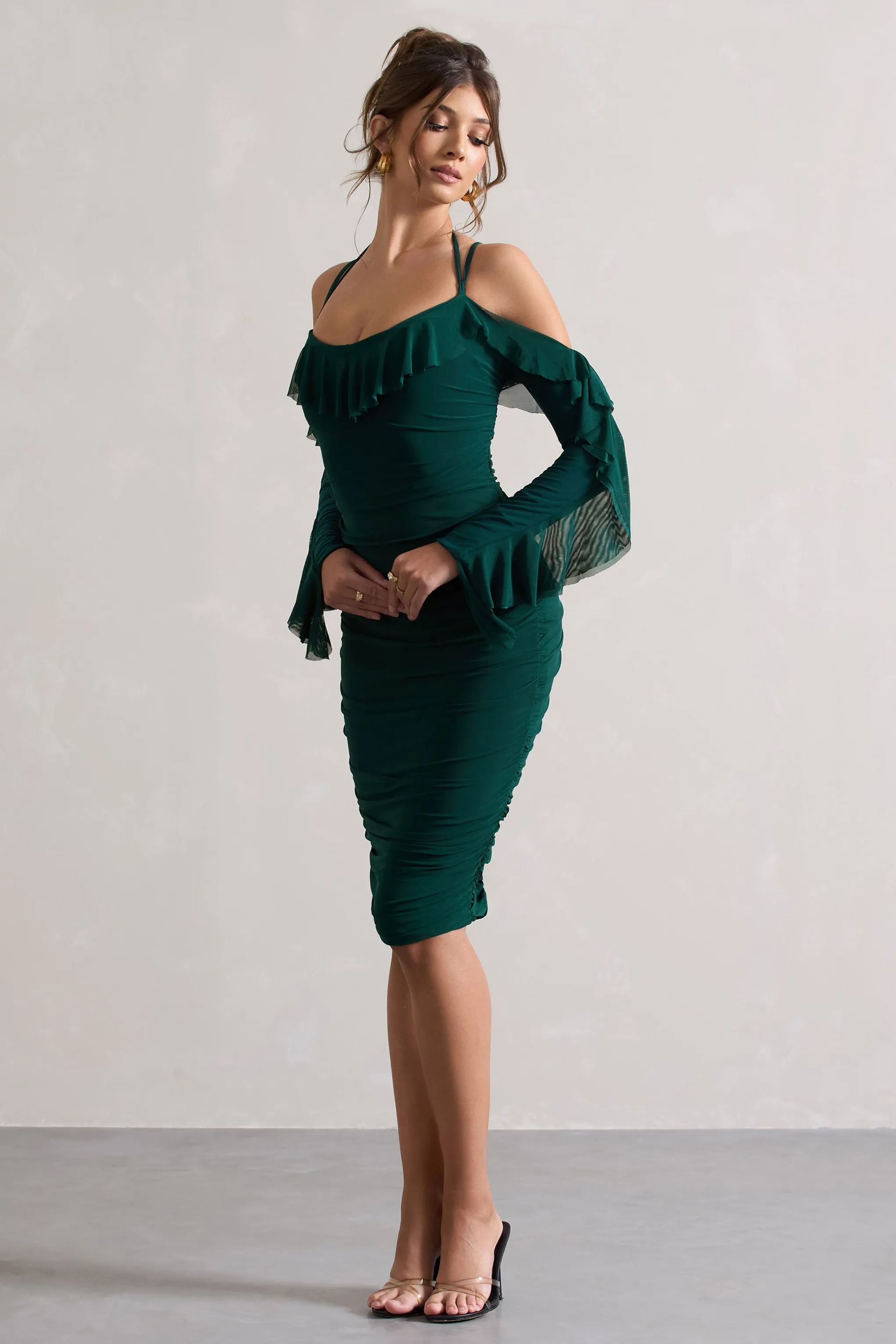 Quinn | Bottle Green Ruched Strappy Long-Sleeved Midi Dress With Ruffles Club L London