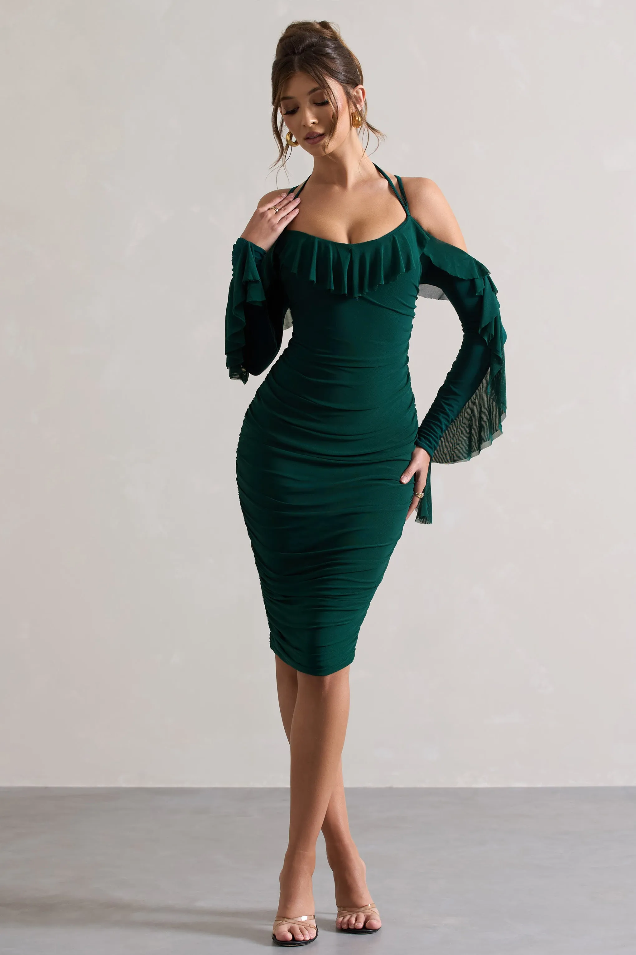 Quinn | Bottle Green Ruched Strappy Long-Sleeved Midi Dress With Ruffles Club L London