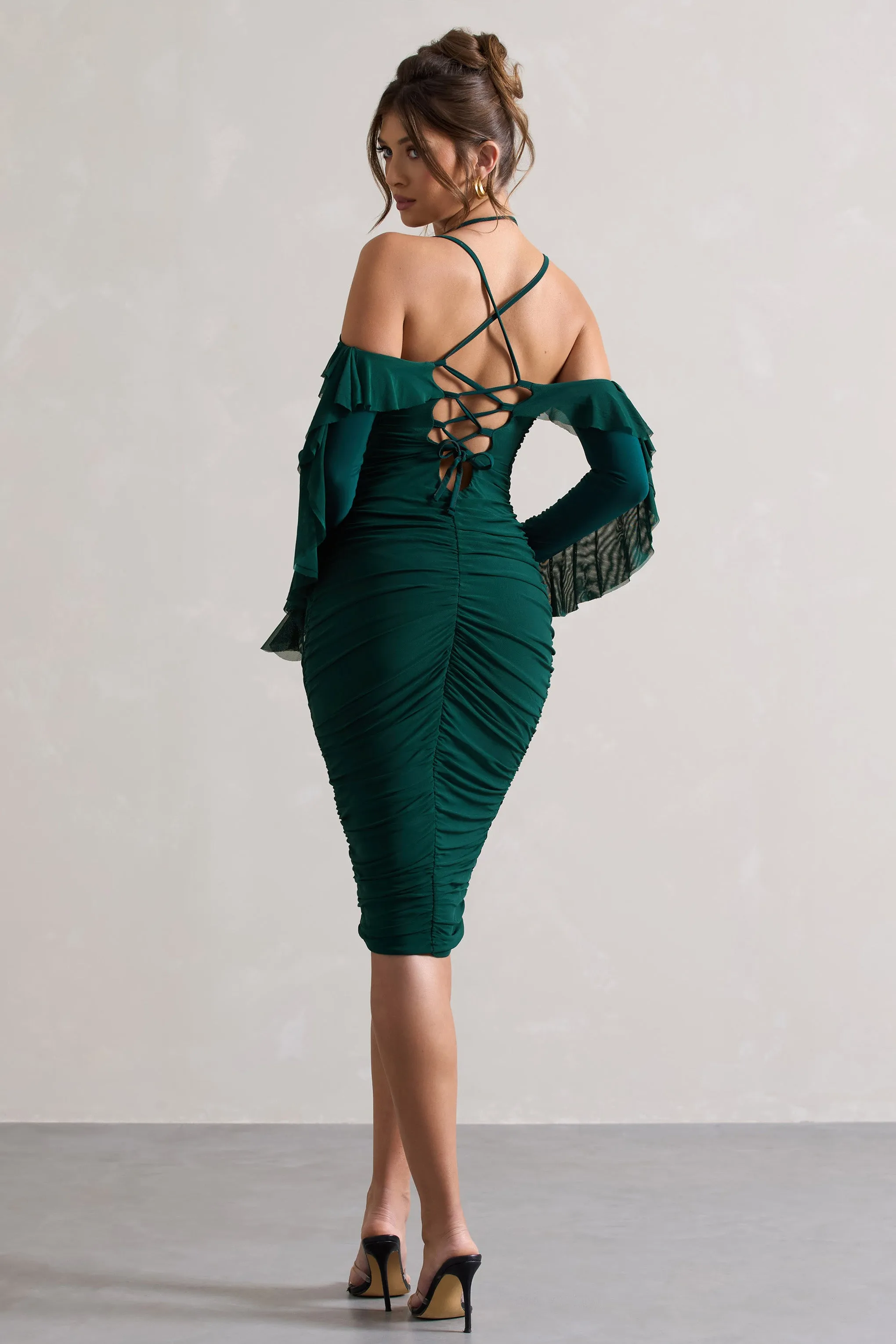 Quinn | Bottle Green Ruched Strappy Long-Sleeved Midi Dress With Ruffles Club L London