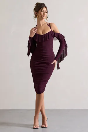 Quinn | Dark Cherry Ruched Strappy Long-Sleeved Midi Dress With Ruffles Club L London