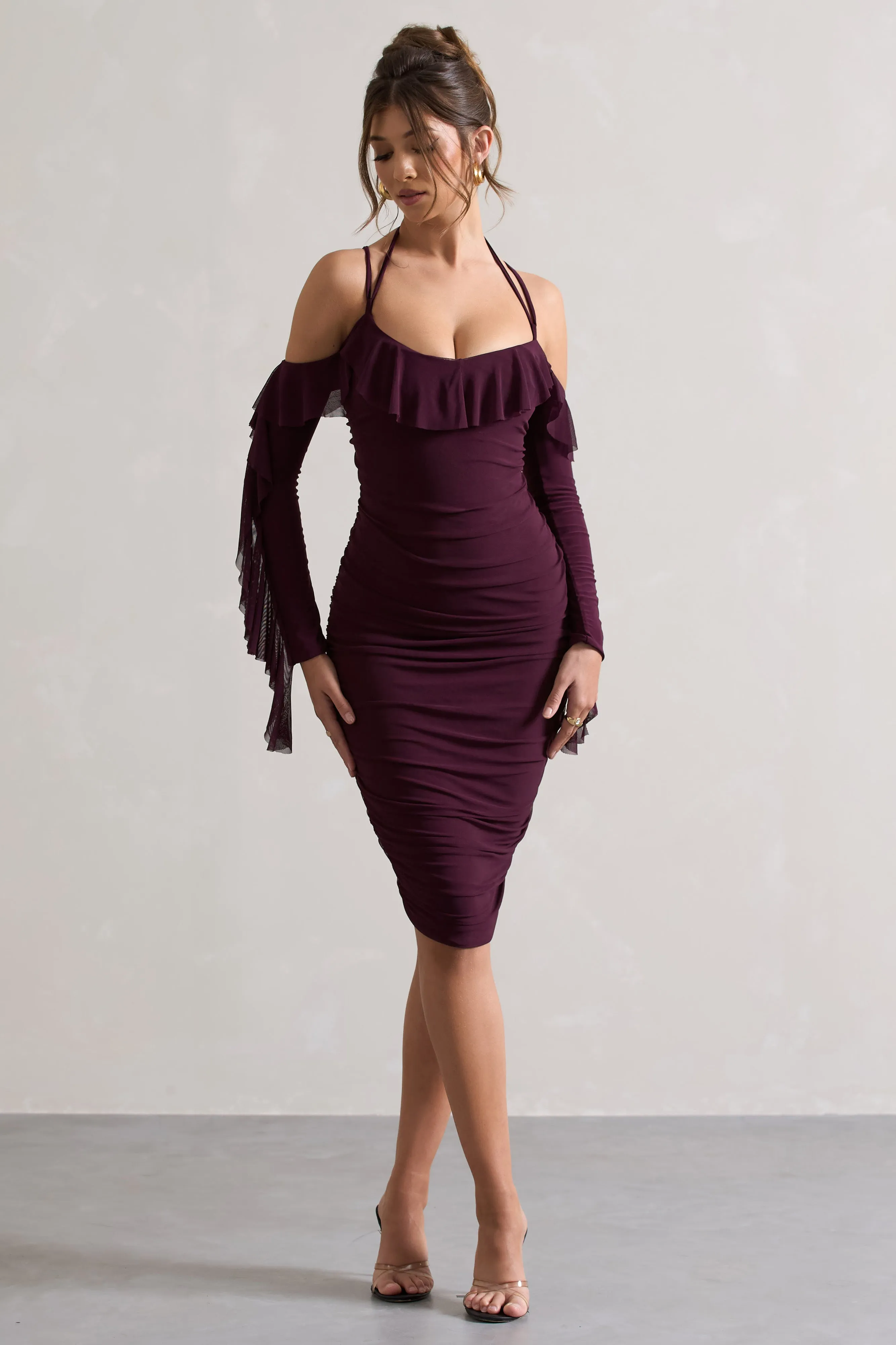 Quinn | Dark Cherry Ruched Strappy Long-Sleeved Midi Dress With Ruffles Club L London