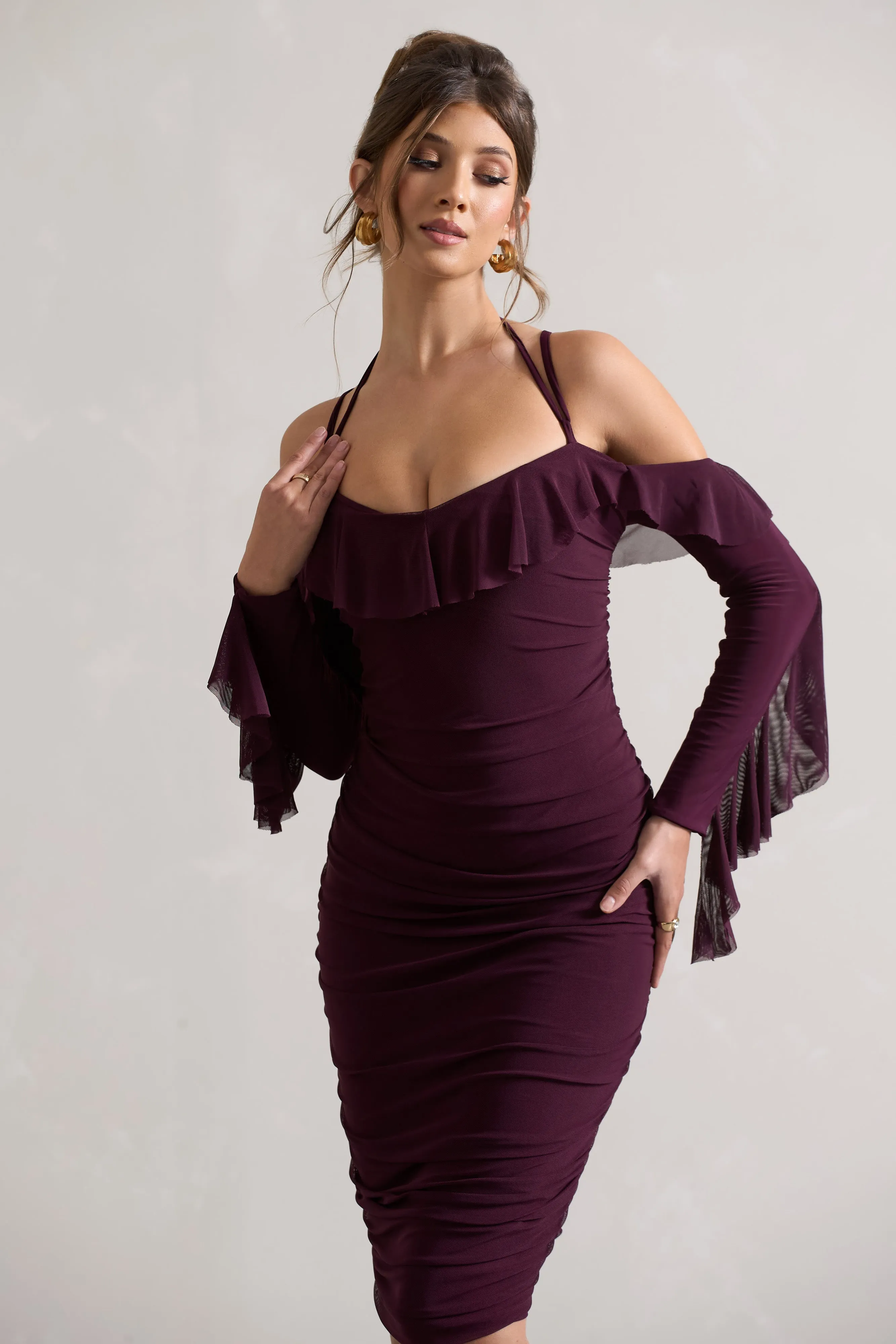 Quinn | Dark Cherry Ruched Strappy Long-Sleeved Midi Dress With Ruffles Club L London