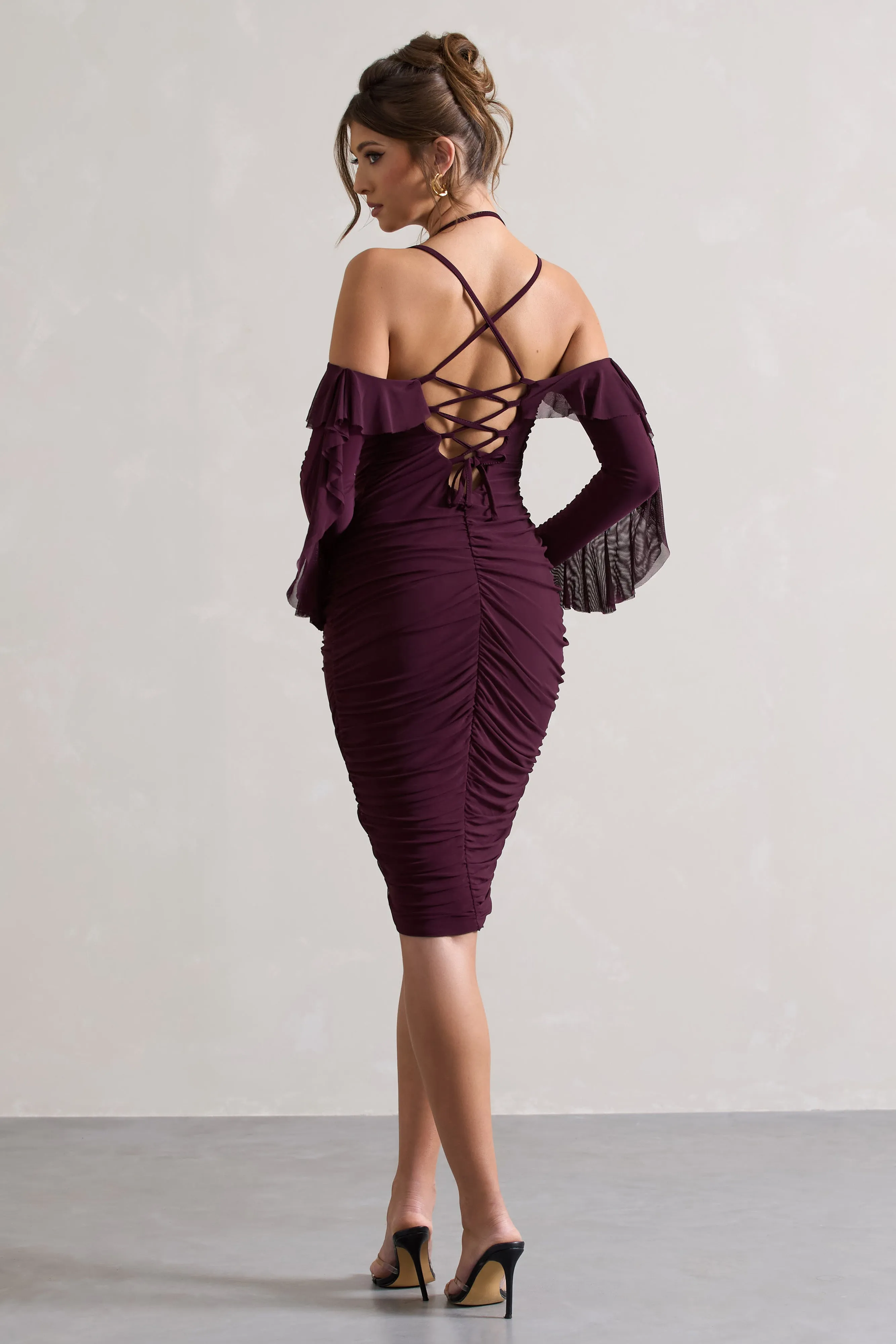 Quinn | Dark Cherry Ruched Strappy Long-Sleeved Midi Dress With Ruffles Club L London
