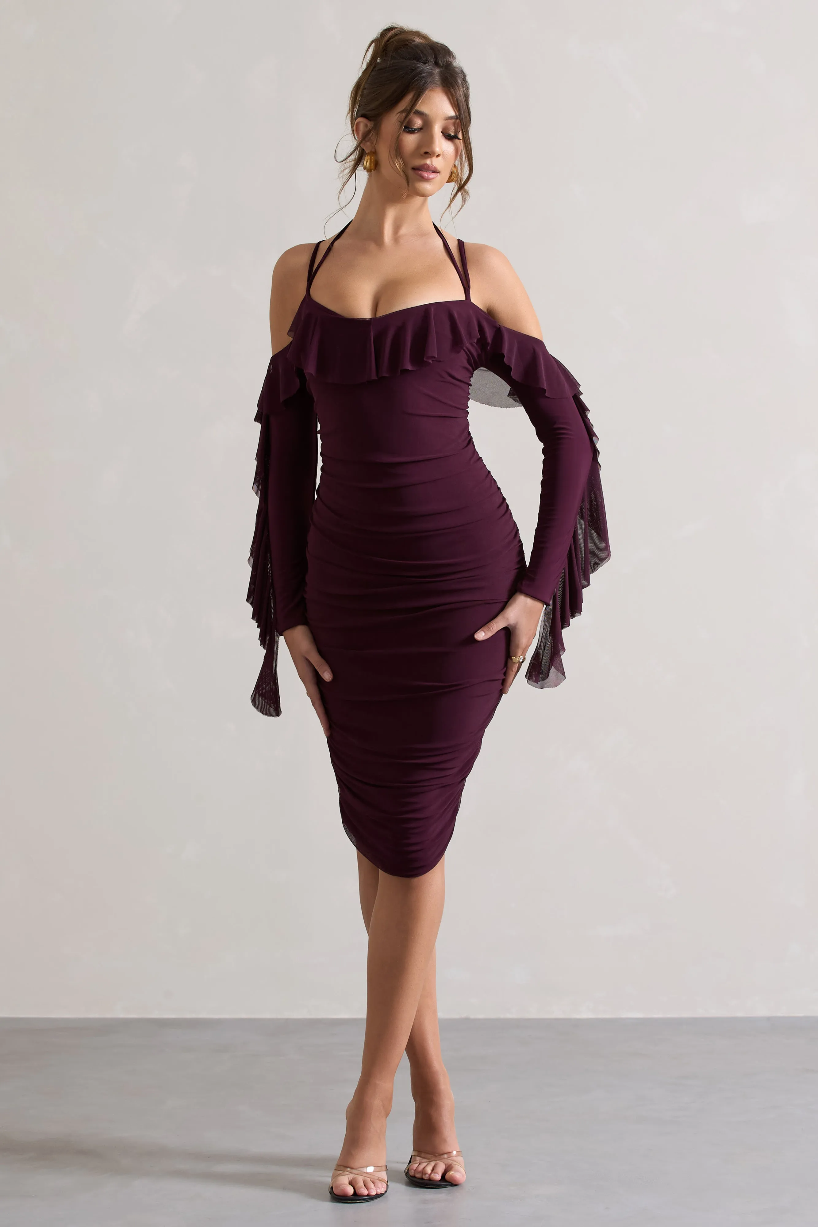 Quinn | Dark Cherry Ruched Strappy Long-Sleeved Midi Dress With Ruffles Club L London