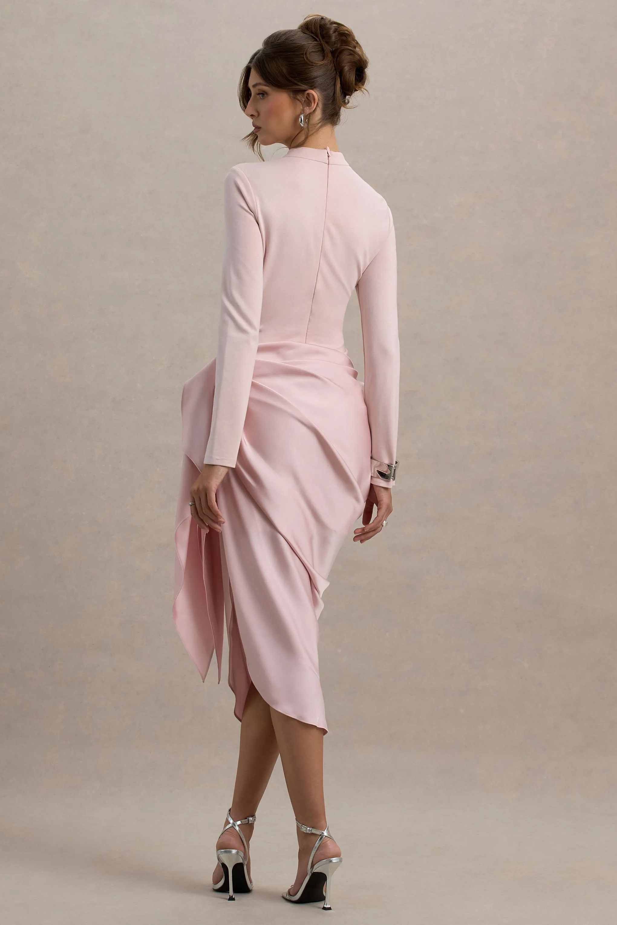 Raffie | Pink Long-Sleeve Midi Dress With Satin Wrap Skirt Club L London