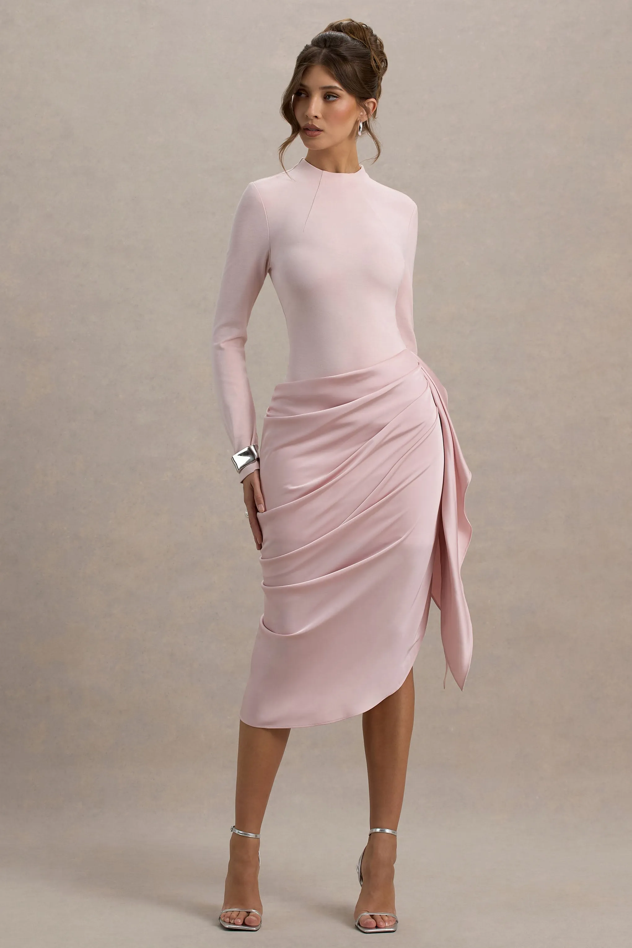 Raffie | Pink Long-Sleeve Midi Dress With Satin Wrap Skirt Club L London