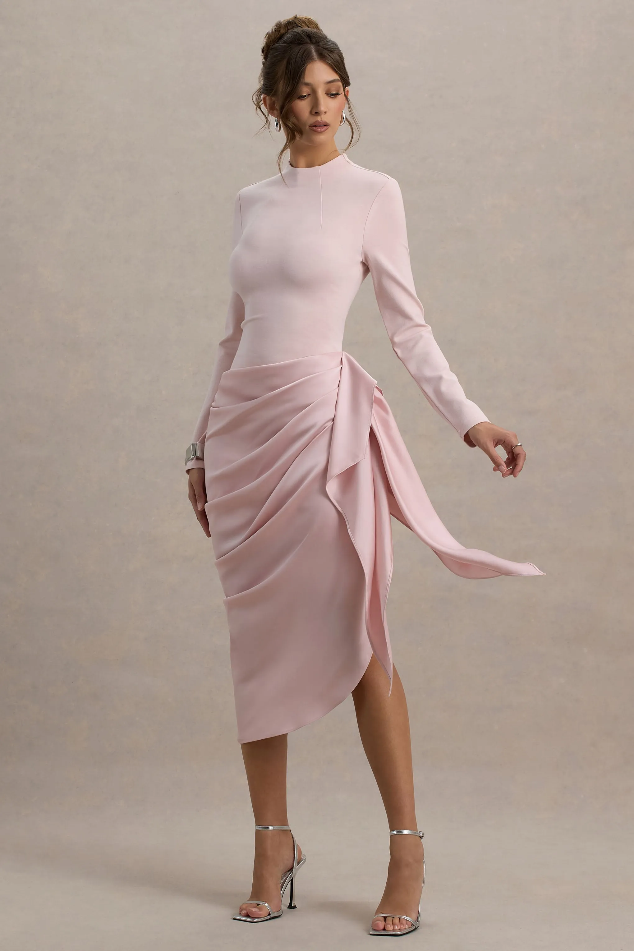 Raffie | Pink Long-Sleeve Midi Dress With Satin Wrap Skirt Club L London