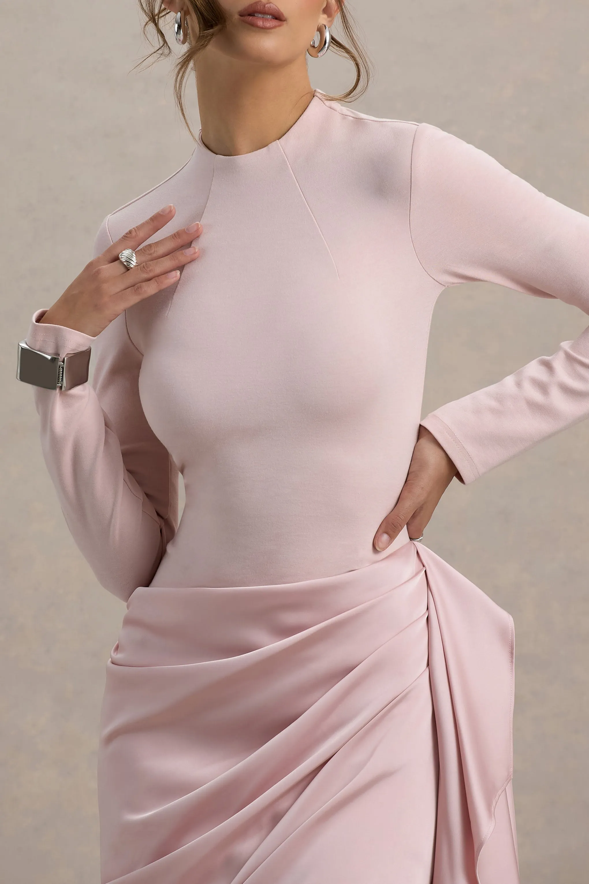 Raffie | Pink Long-Sleeve Midi Dress With Satin Wrap Skirt Club L London