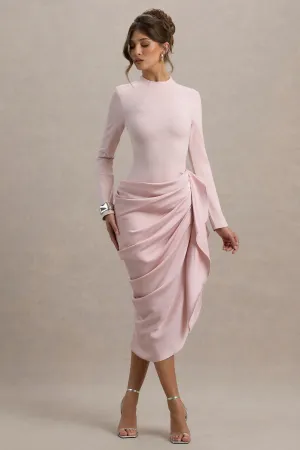 Raffie | Pink Long-Sleeve Midi Dress With Satin Wrap Skirt Club L London