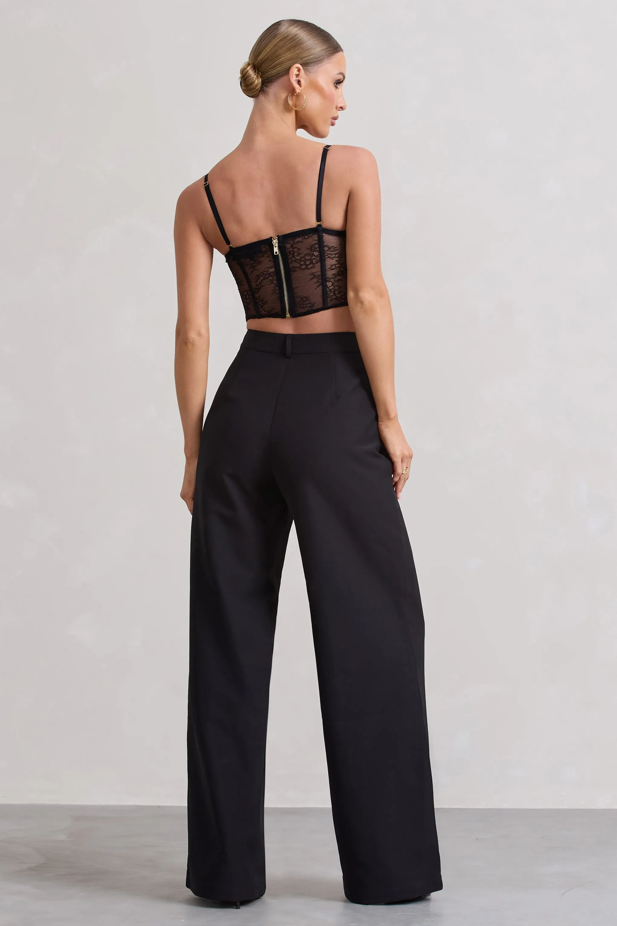 Raina | Black High Waist Pleated Wide-Leg Trousers Club L London