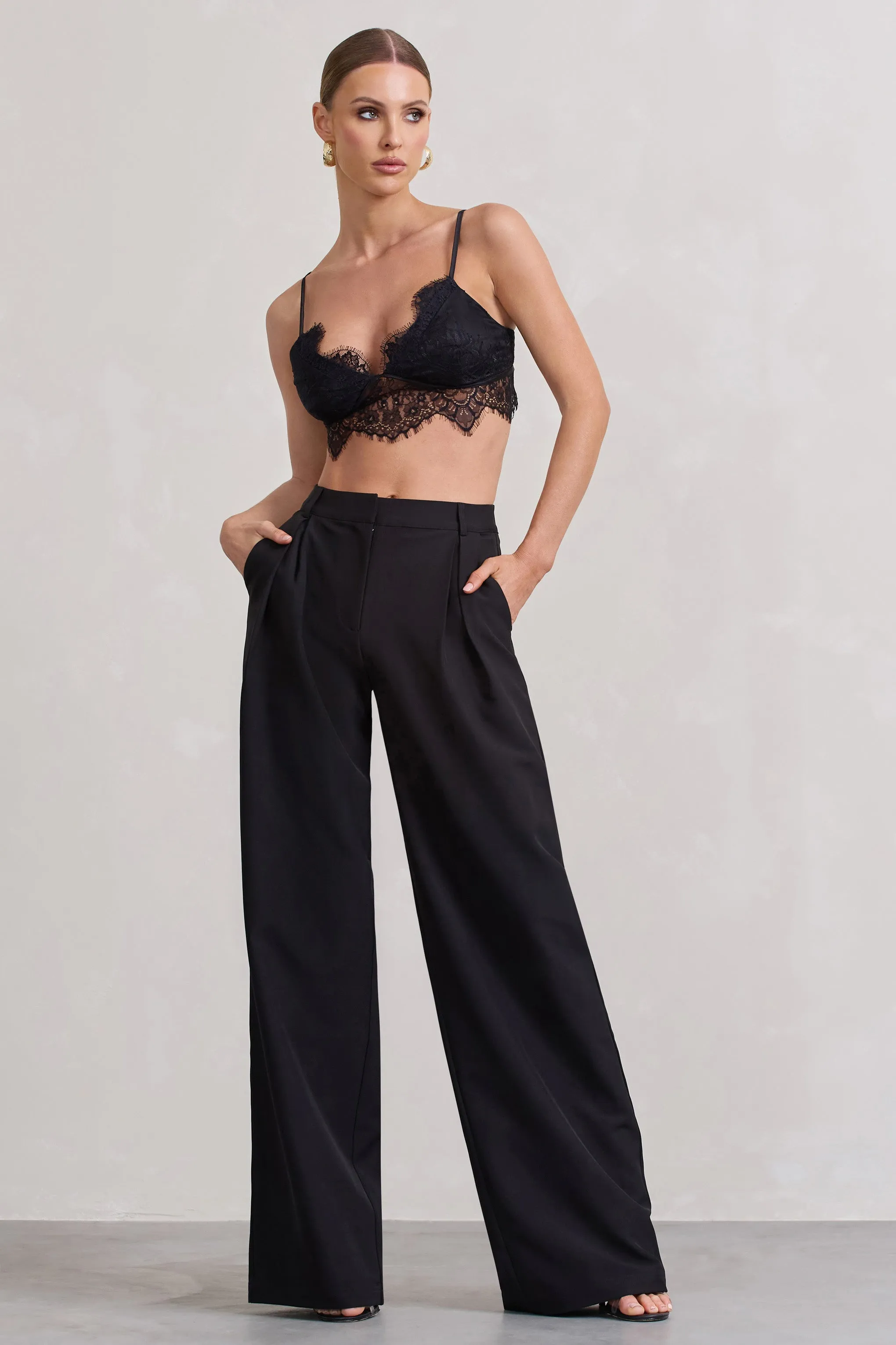 Raina | Black High Waist Pleated Wide-Leg Trousers Club L London