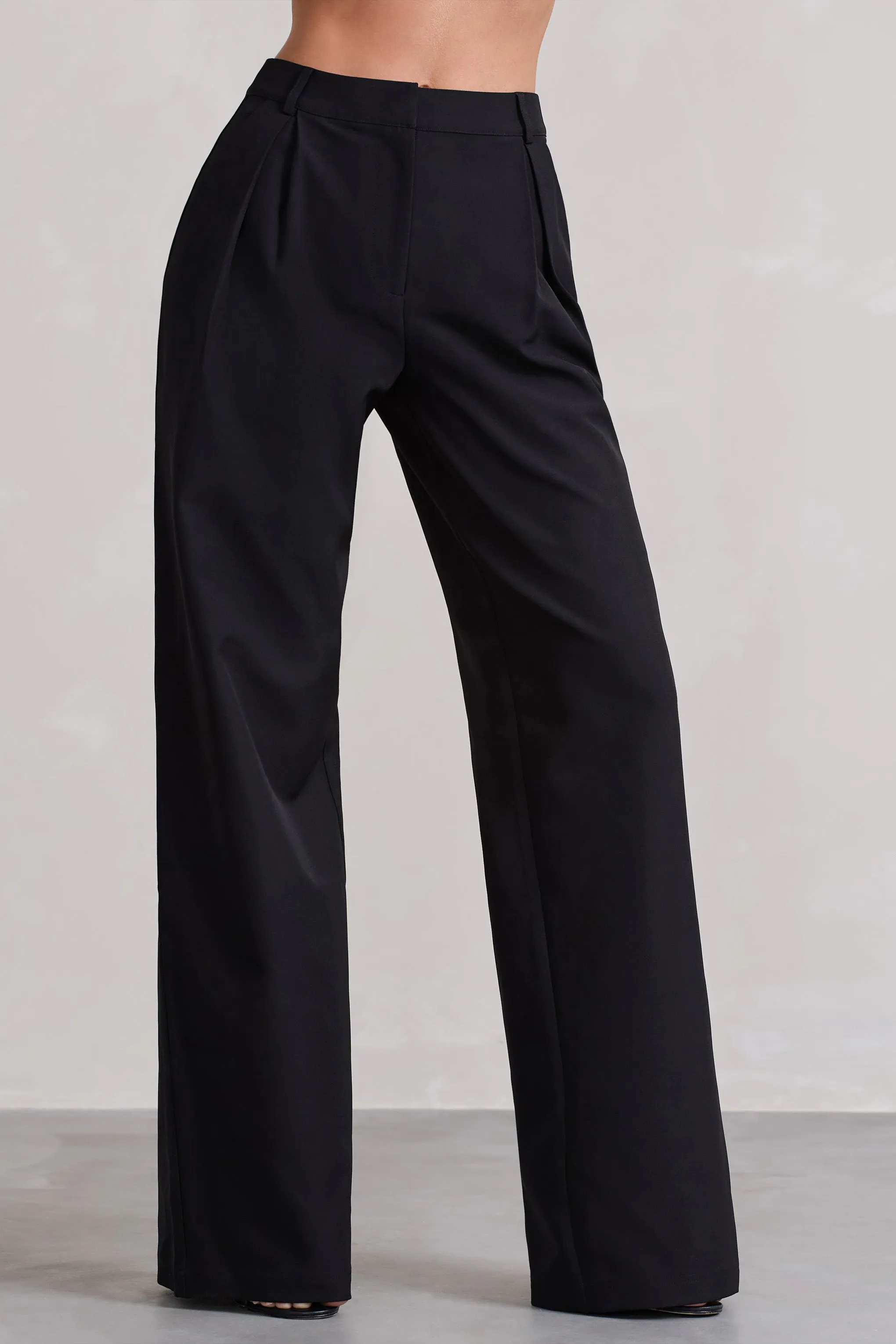 Raina | Black High Waist Pleated Wide-Leg Trousers Club L London