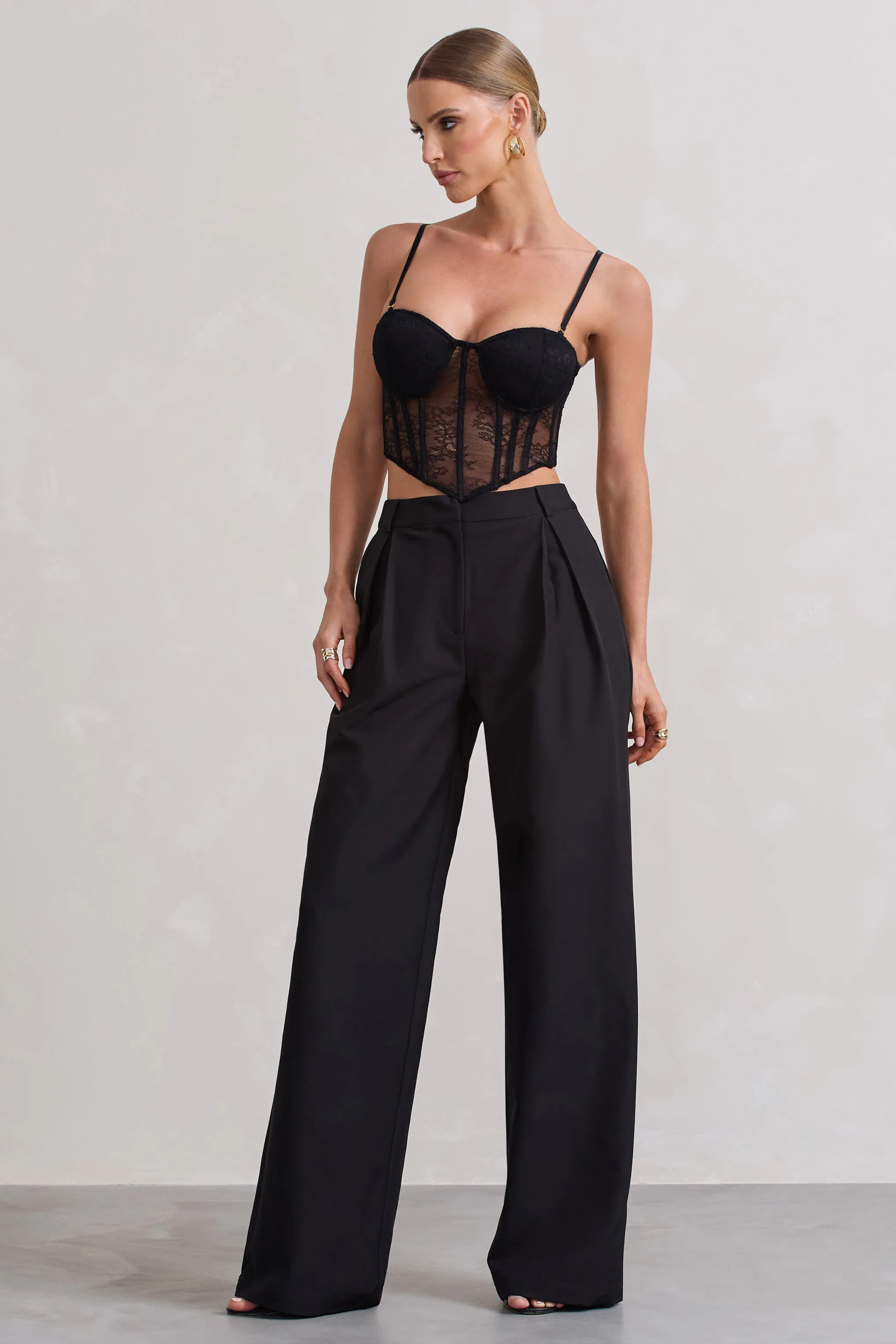 Raina | Black High Waist Pleated Wide-Leg Trousers Club L London