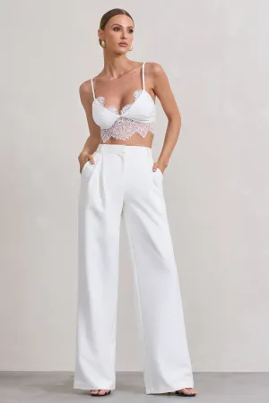 Raina | White High Waist Pleated Wide-Leg Trousers Club L London