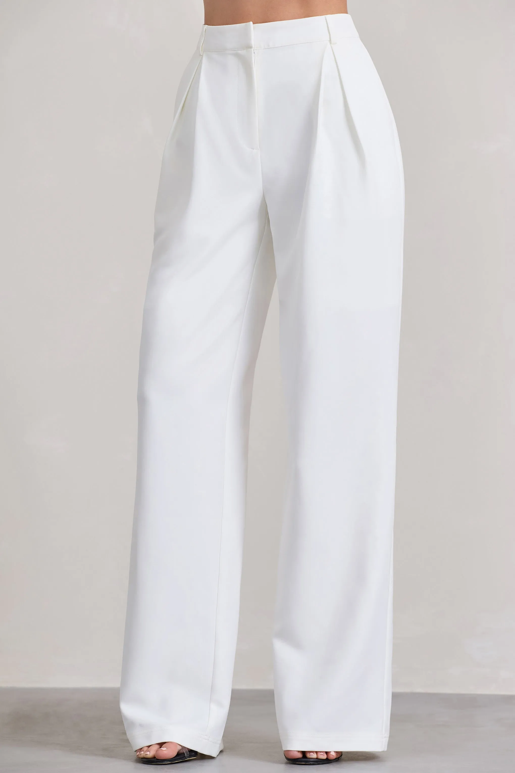 Raina | White High Waist Pleated Wide-Leg Trousers Club L London