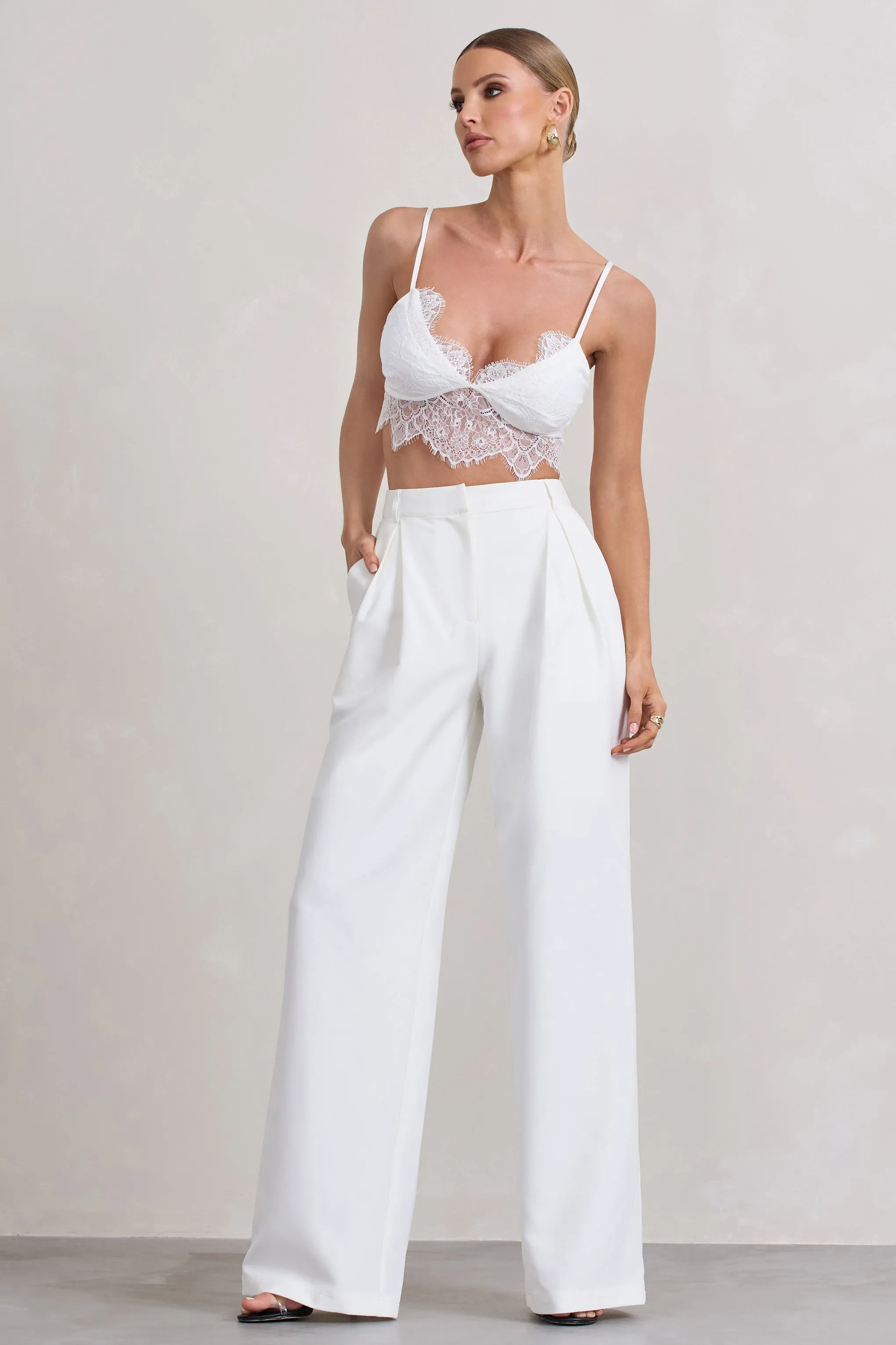 Raina | White High Waist Pleated Wide-Leg Trousers Club L London