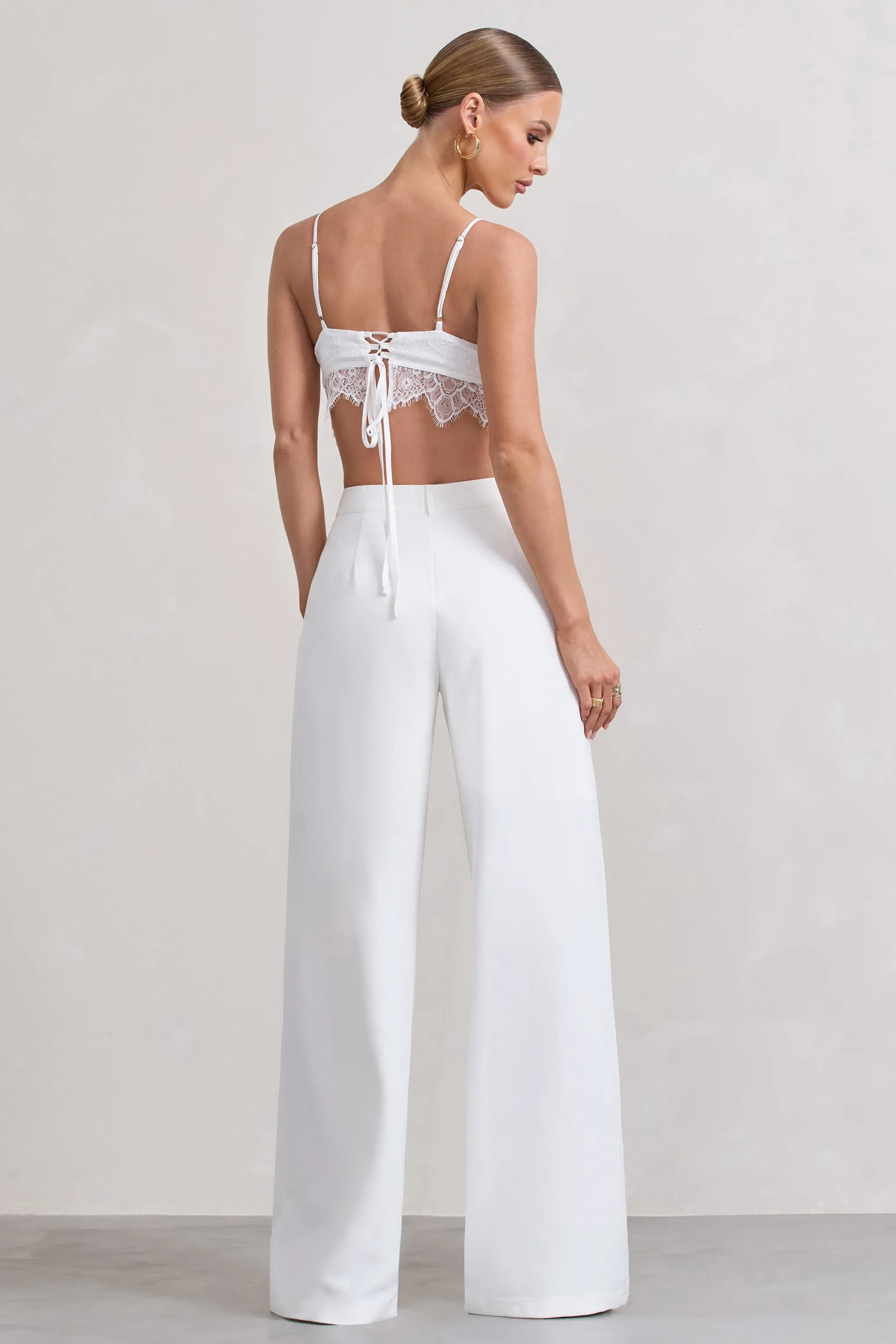 Raina | White High Waist Pleated Wide-Leg Trousers Club L London