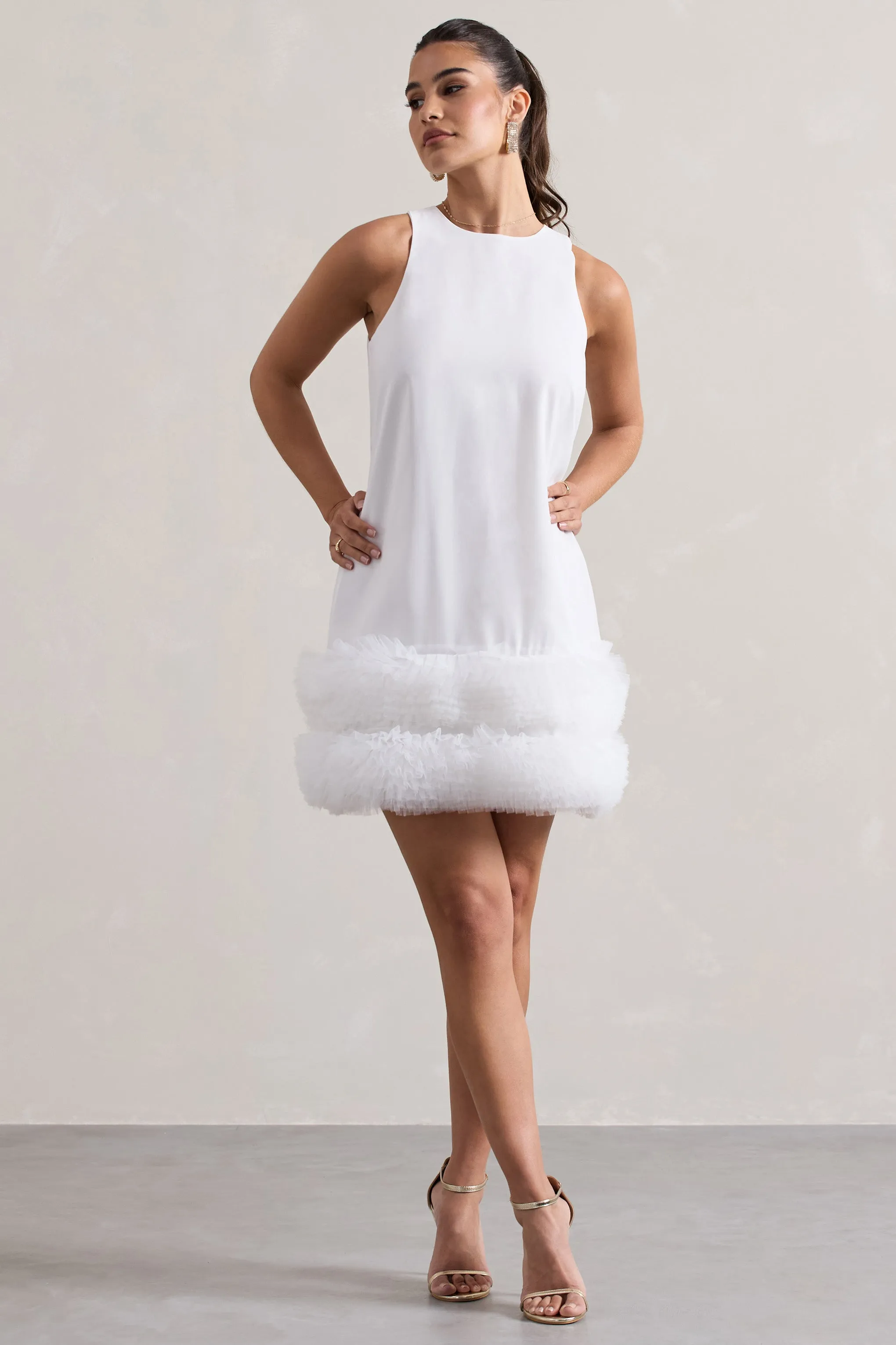 Raise A Glass | White A-Line Mini Dress With Tulle Hem Club L London