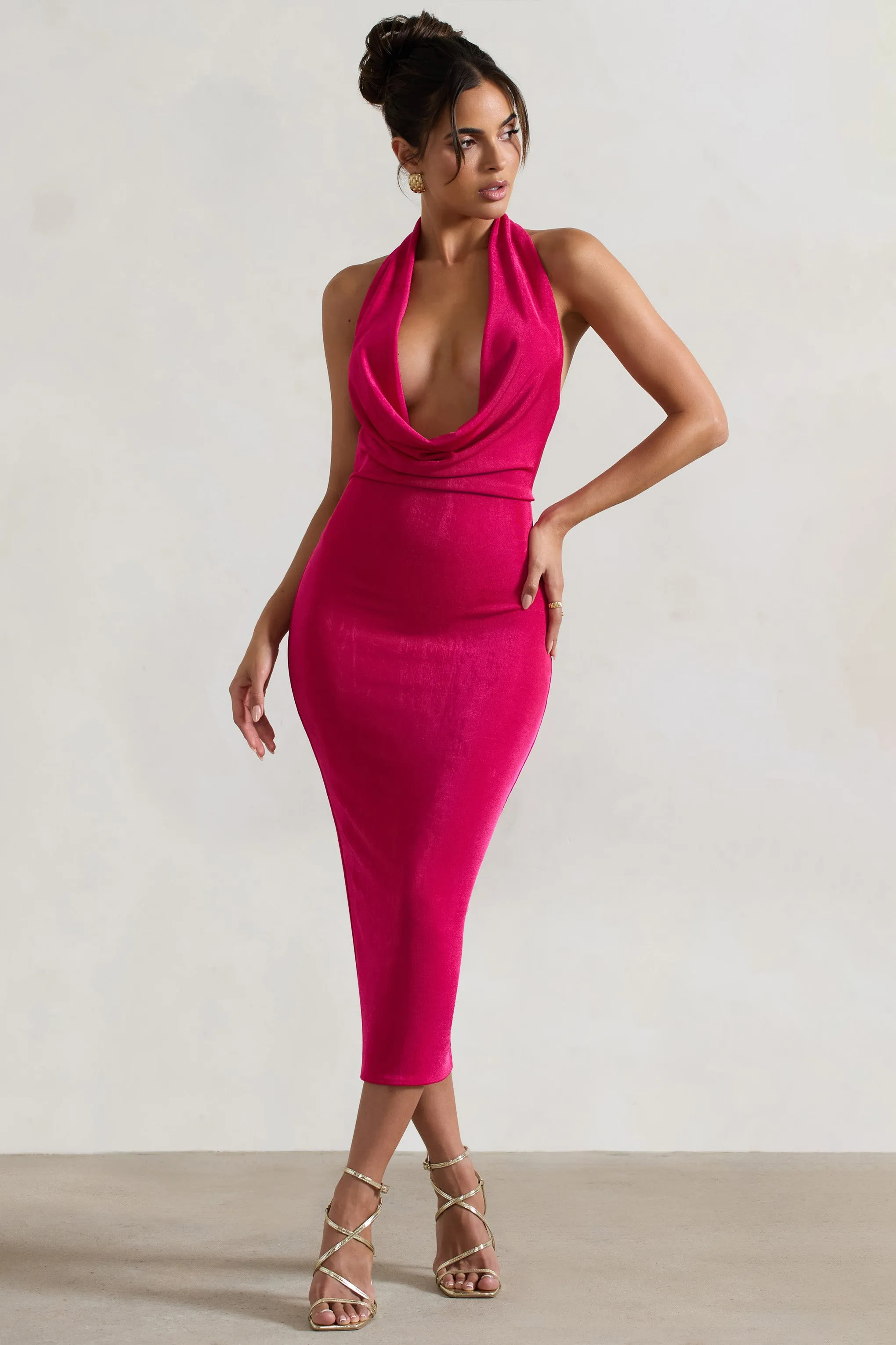 Raleigh | Hot Pink Cowl-Neck Midi Dress Club L London