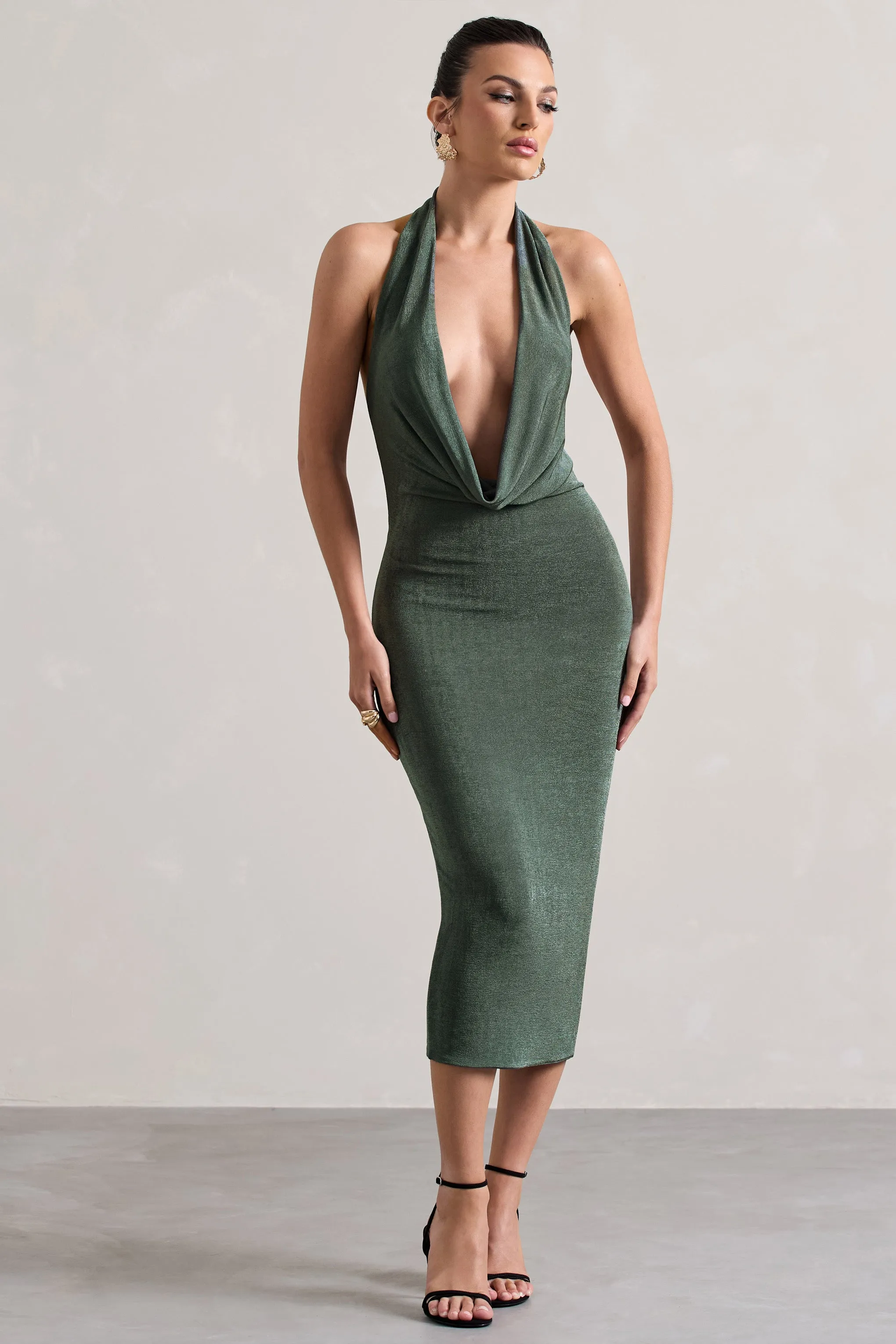 Raleigh | Sage Green Cowl-Neck Midi Dress Club L London