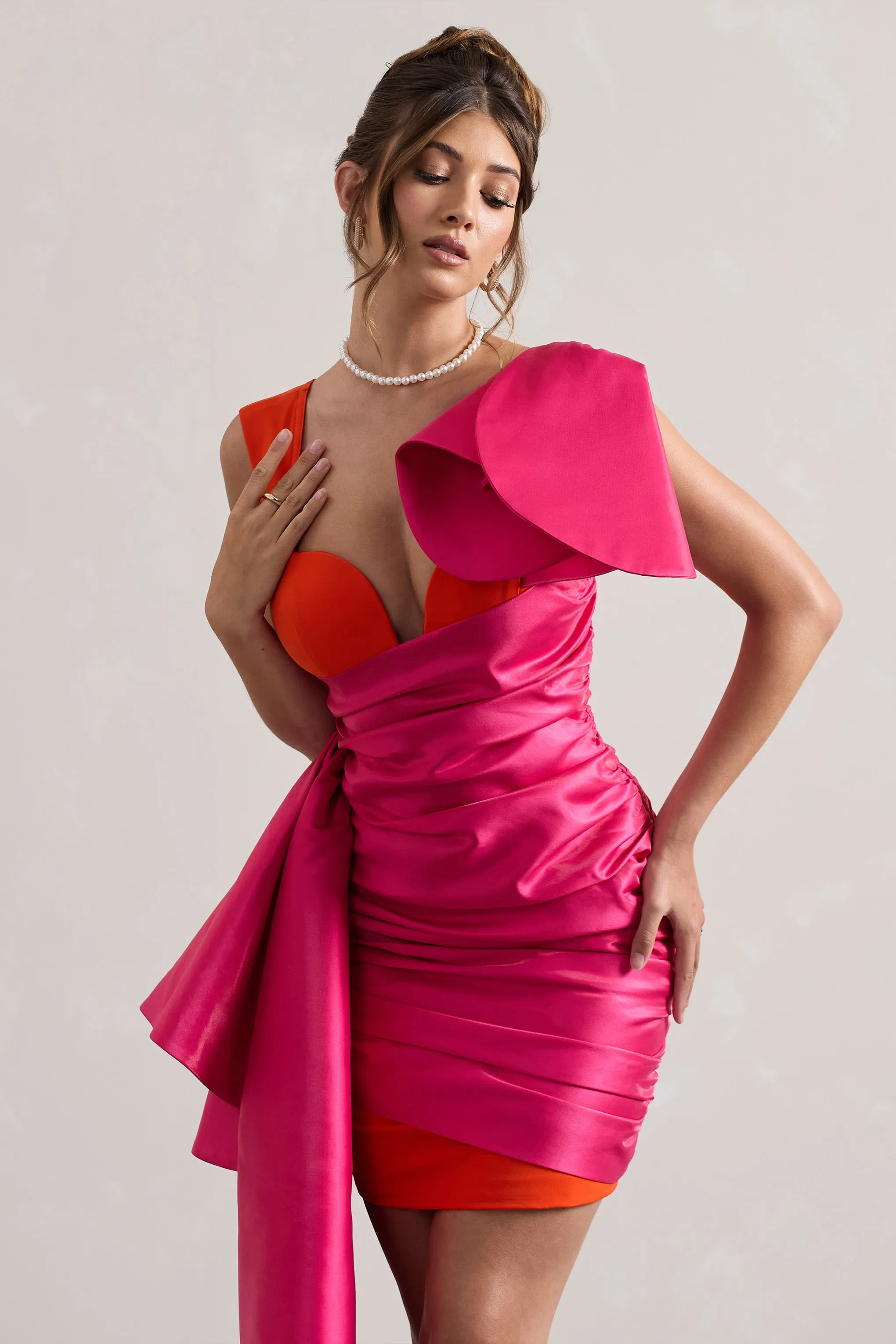 Rare | Pink & Orange Satin Wrap Mini Dress Peplum Drape Club L London