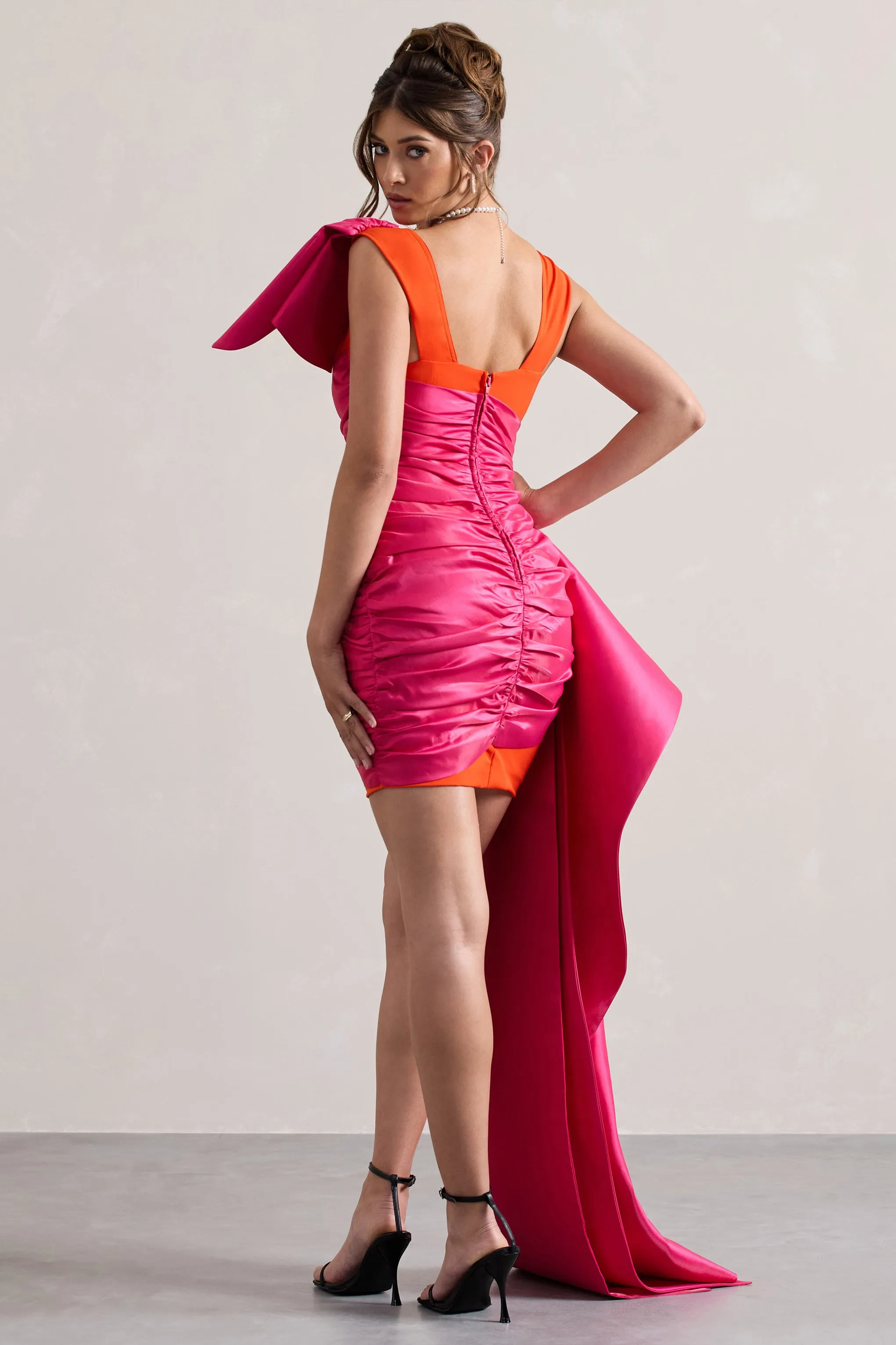 Rare | Pink & Orange Satin Wrap Mini Dress Peplum Drape Club L London