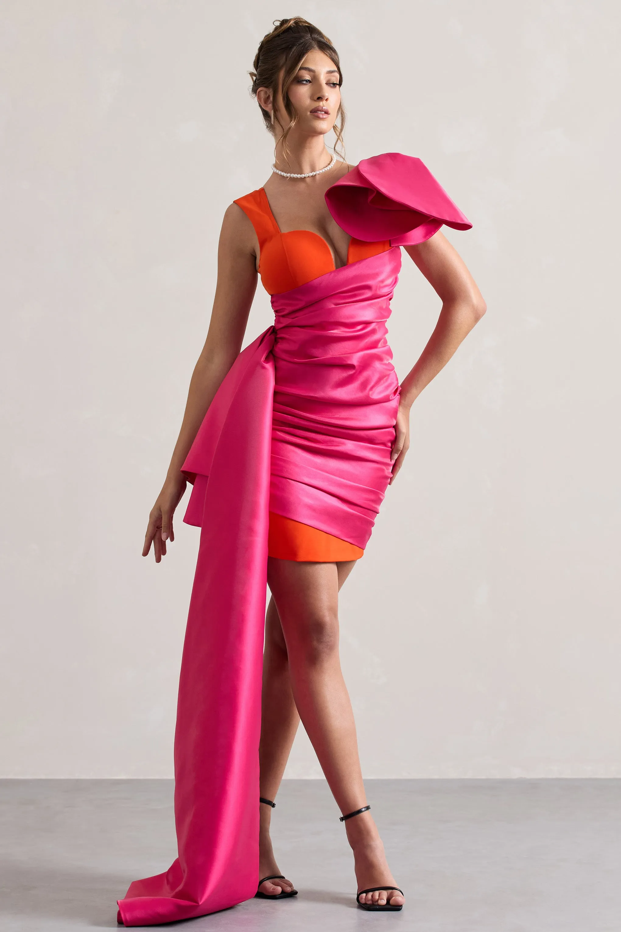 Rare | Pink & Orange Satin Wrap Mini Dress Peplum Drape Club L London