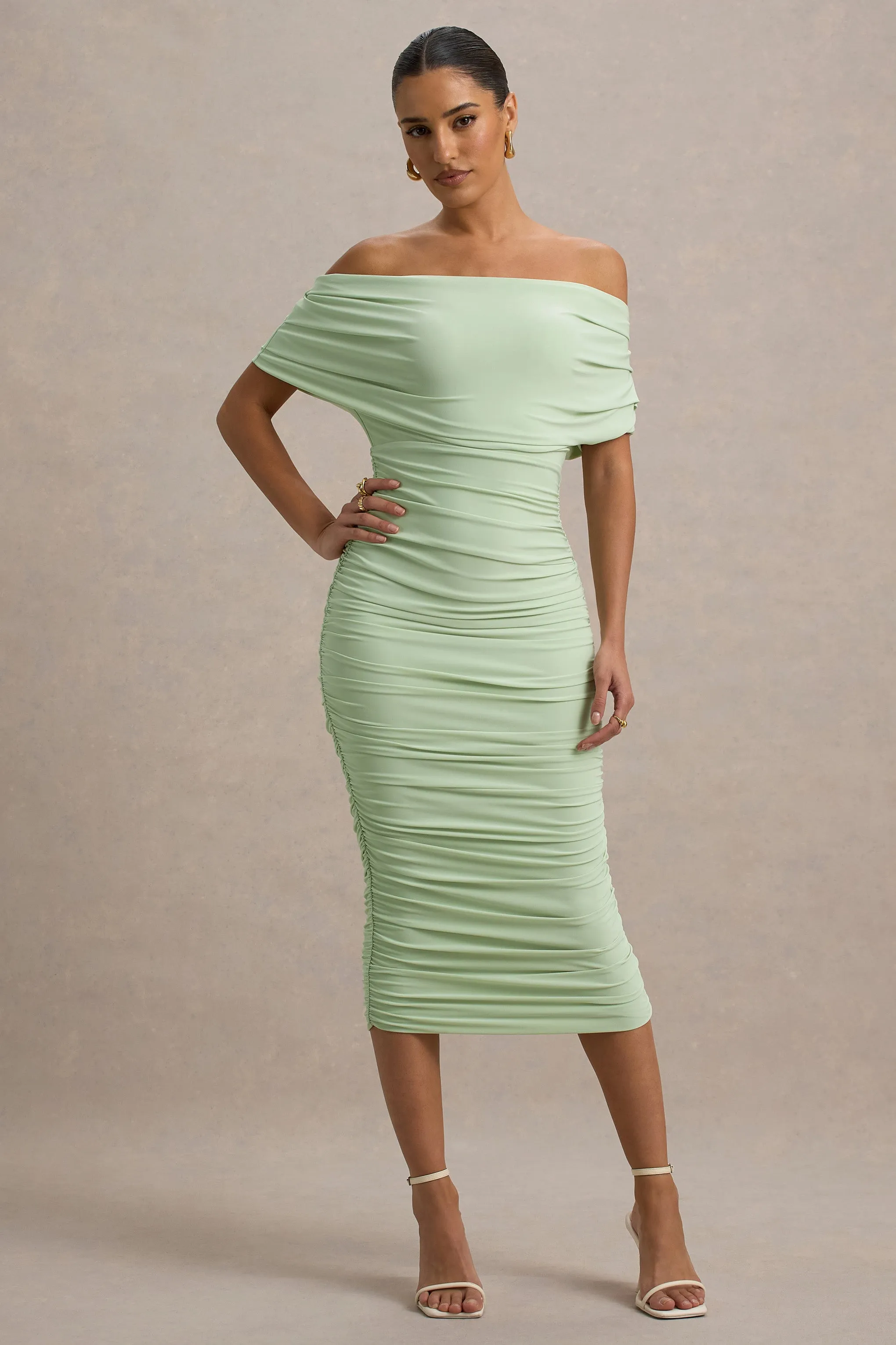 Rayleigh | Light Green Bardot Ruched Midi Dress Club L London