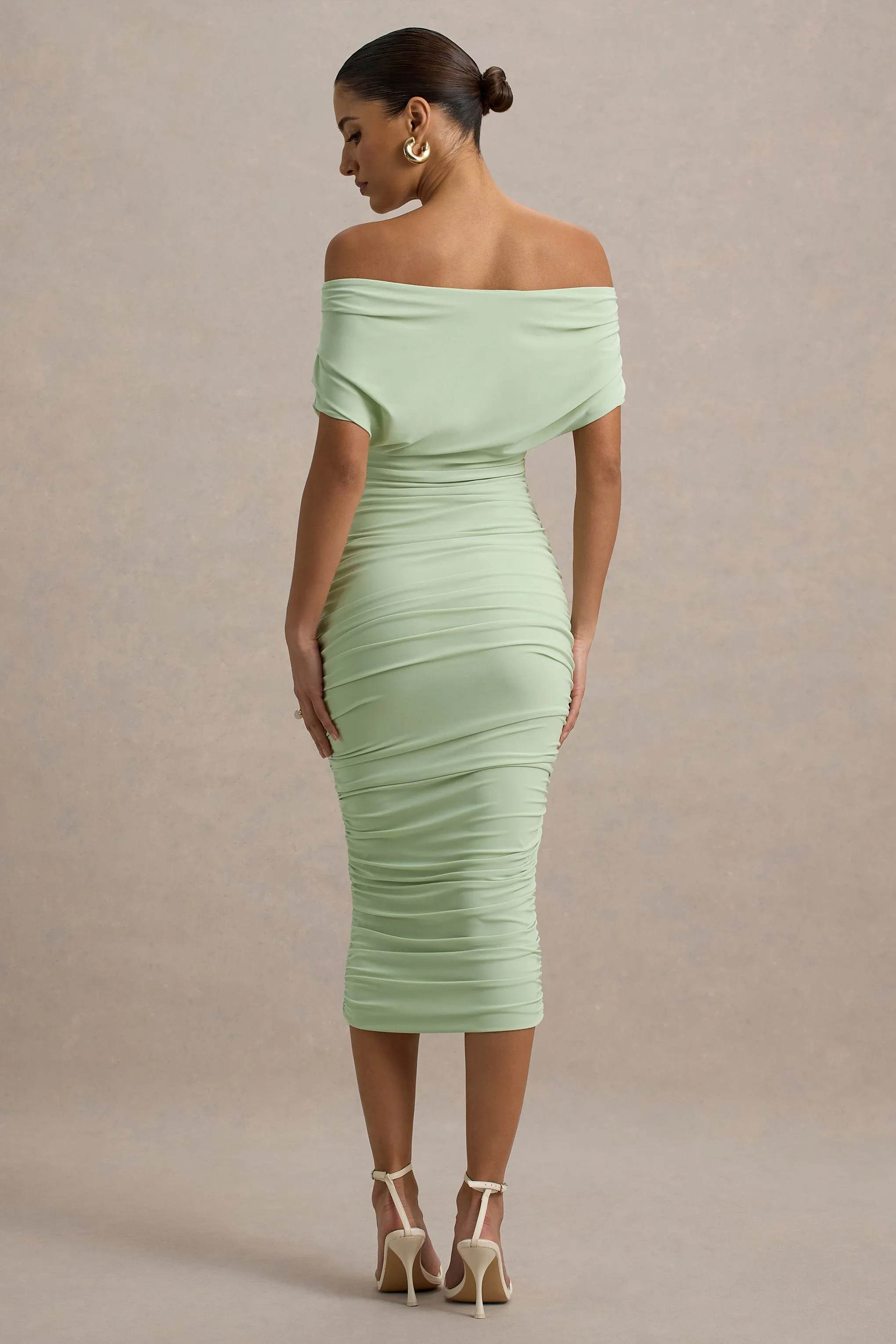 Rayleigh | Light Green Bardot Ruched Midi Dress Club L London