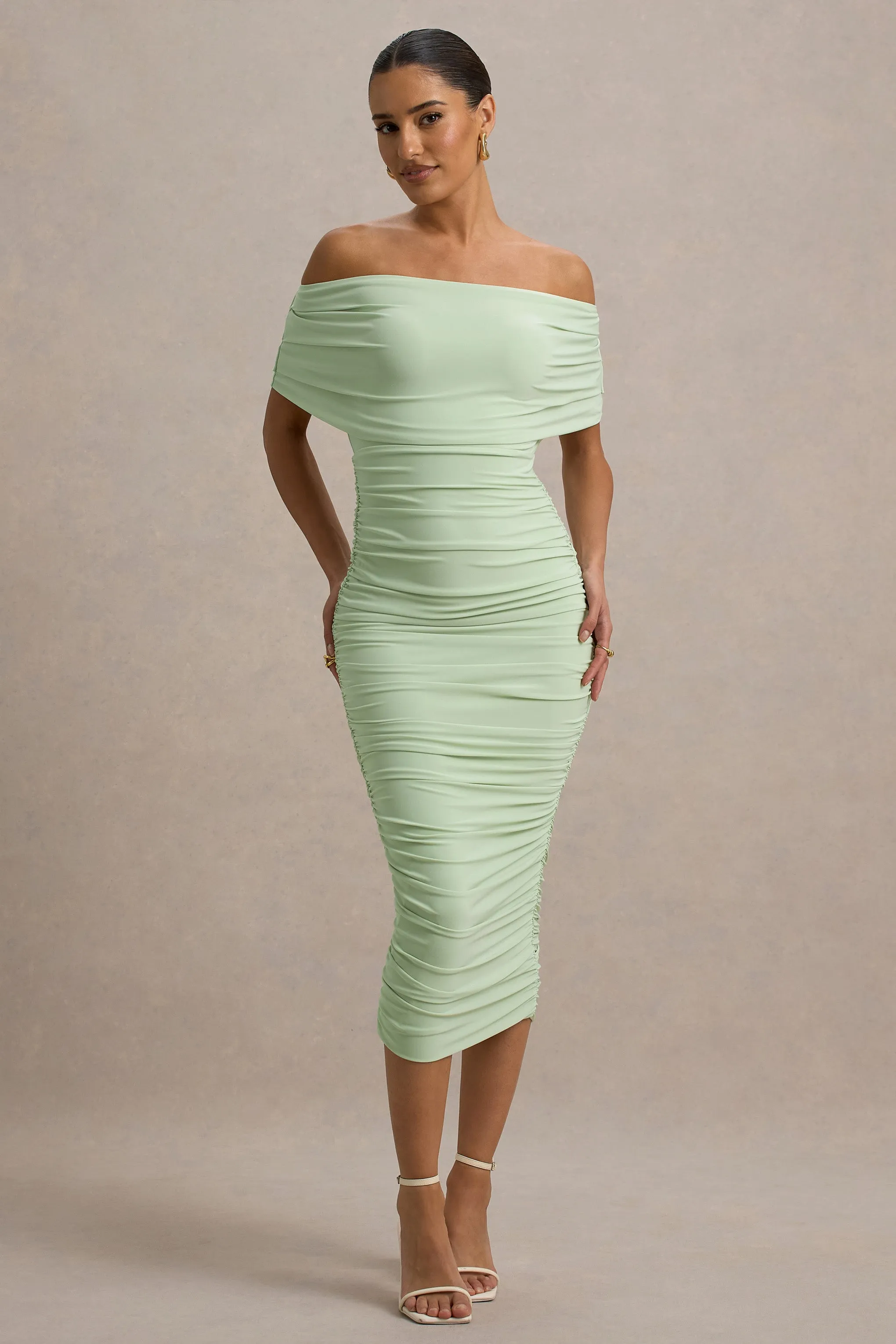 Rayleigh | Light Green Bardot Ruched Midi Dress Club L London