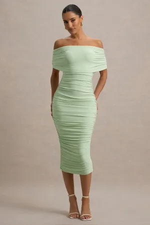Rayleigh | Light Green Bardot Ruched Midi Dress Club L London