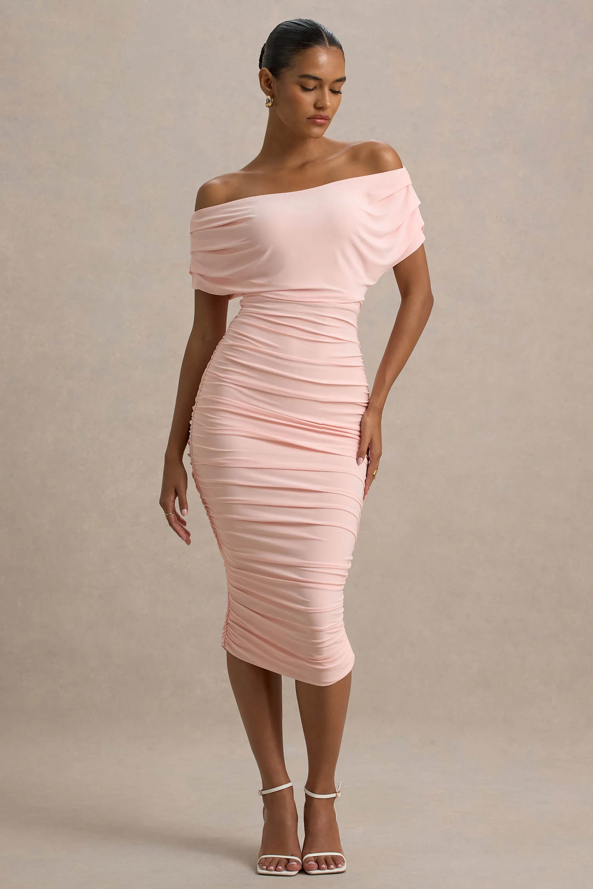Rayleigh | Pink Bardot Ruched Midi Dress Club L London