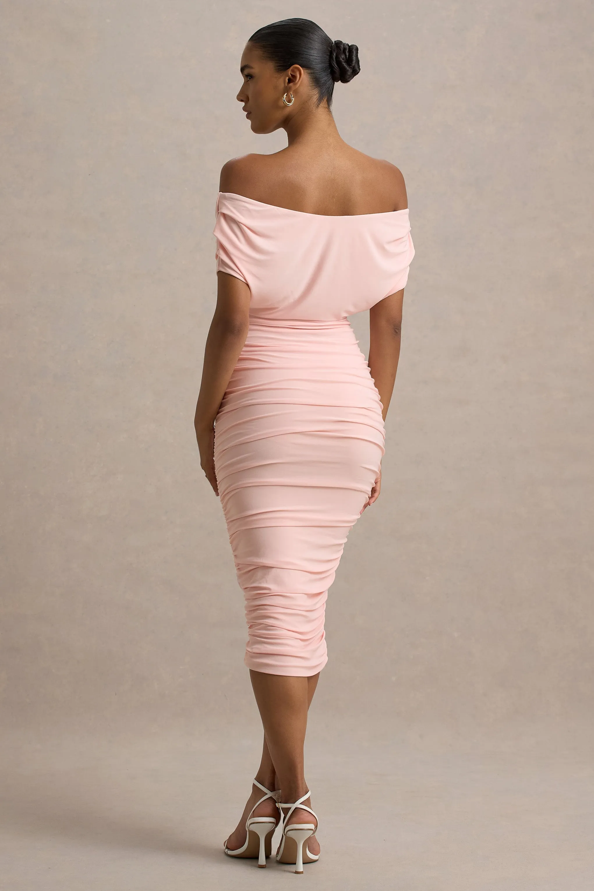 Rayleigh | Pink Bardot Ruched Midi Dress Club L London